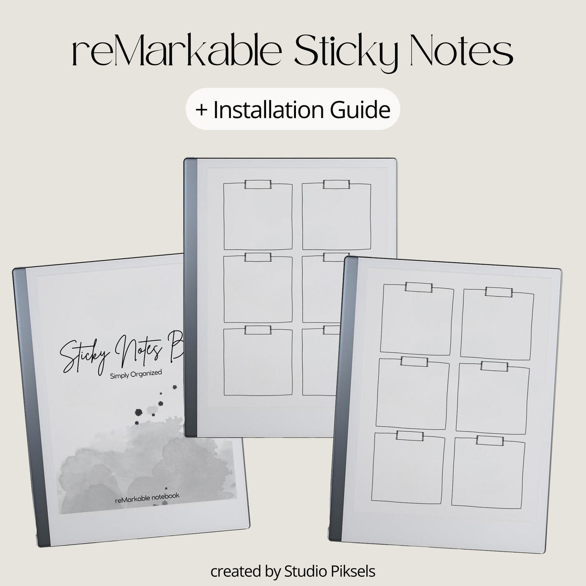 Sticky Notes notebook for reMarkable 2 and Paper Pure showing minimalist grayscale memo pages with six sticky note sections per page and Capture Tool compatibility.