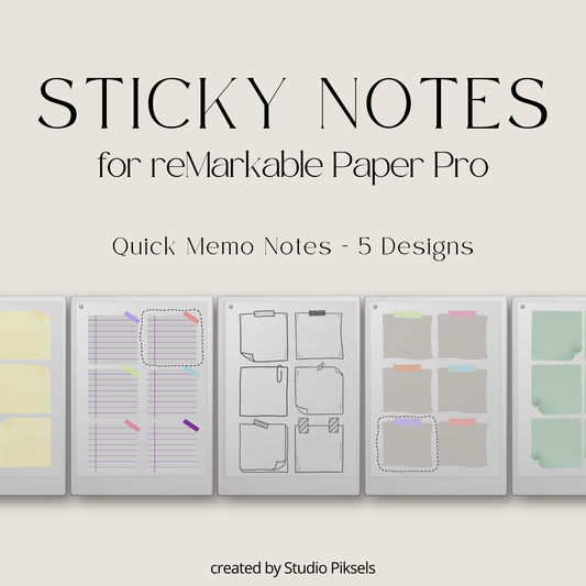 Sticky Notes digital notebook bundle for reMarkable Paper Pro with memo designs, colorful layouts, writing pages, and reusable note templates.