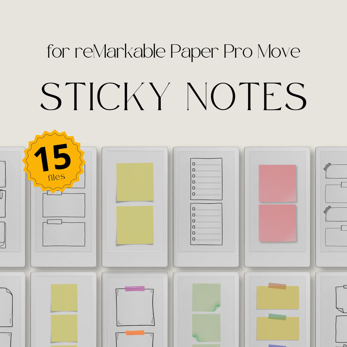 Sticky note notebook bundle for the reMarkable Paper Pro Move featuring 15 digital memo templates, daily checklist layouts, and quick reminder pages.