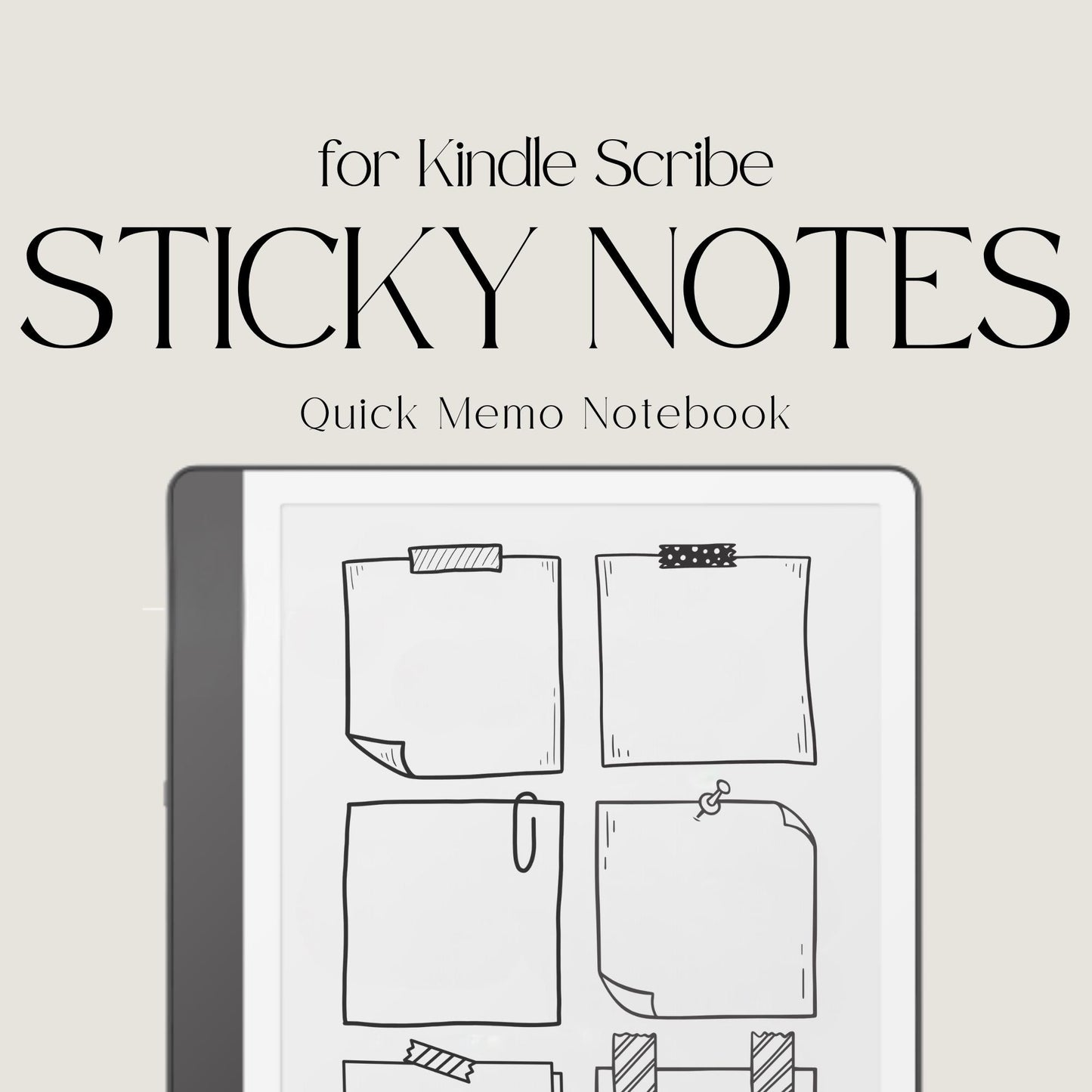 Creative Sticky Notes Template for Kindle Scribe featuring 25 hand-drawn sticky note pages for reminders, brainstorming, task lists, journaling, and digital note-taking.