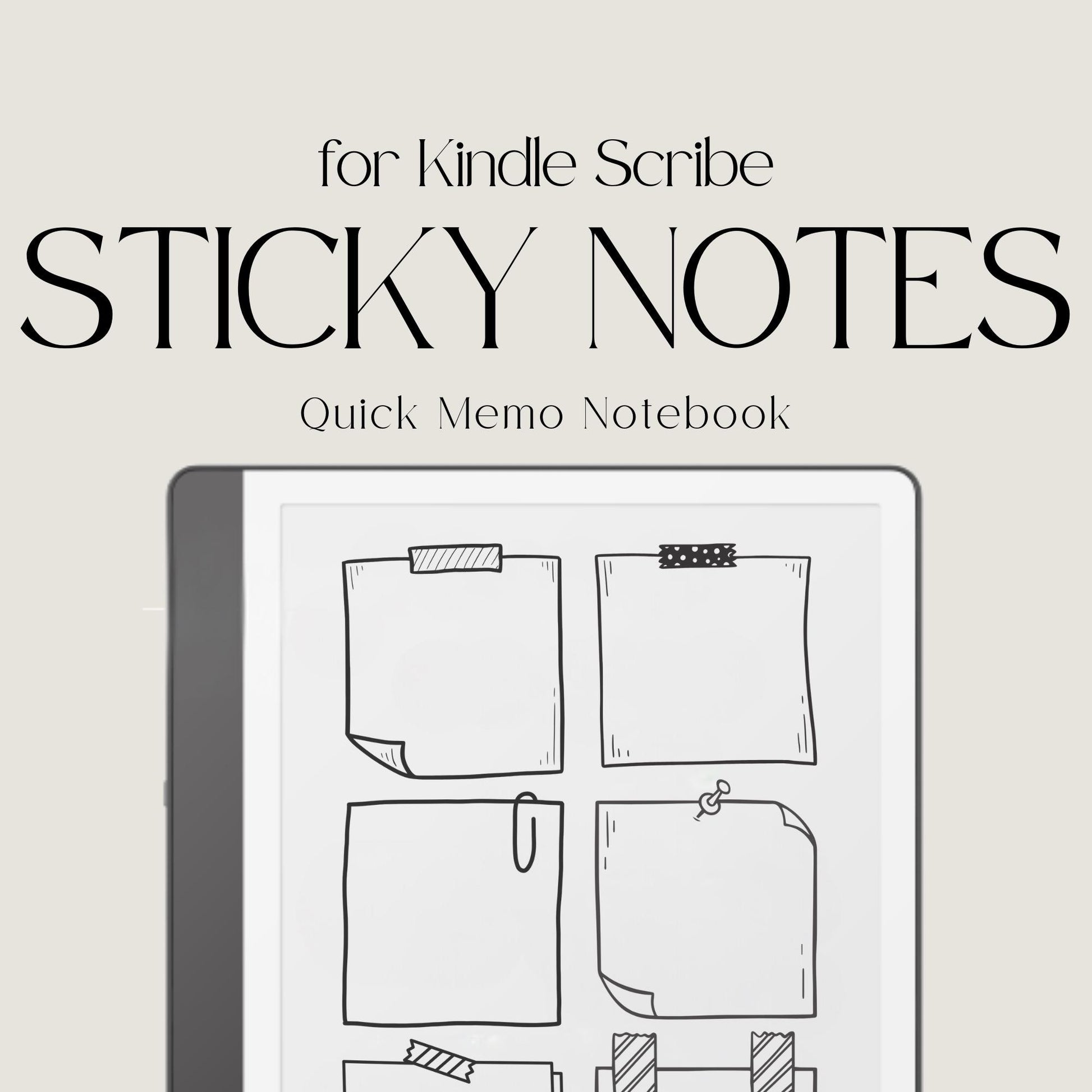 Creative Sticky Notes Template for Kindle Scribe featuring 25 hand-drawn sticky note pages for reminders, brainstorming, task lists, journaling, and digital note-taking.