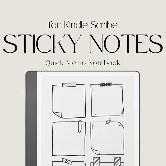 Creative Sticky Notes Template for Kindle Scribe featuring 25 hand-drawn sticky note pages for reminders, brainstorming, task lists, journaling, and digital note-taking.