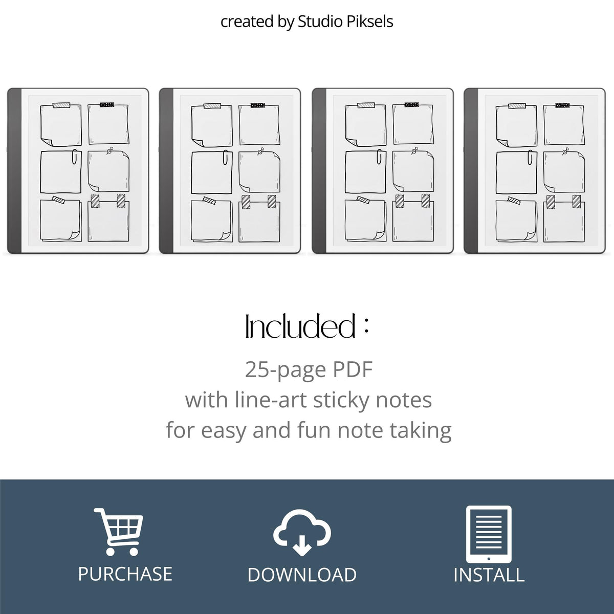 Sticky Notes Memo Notebook with 25 hand-drawn black-and-white pages, featuring reusable sticky note layouts and Capture Tool compatible digital notes.