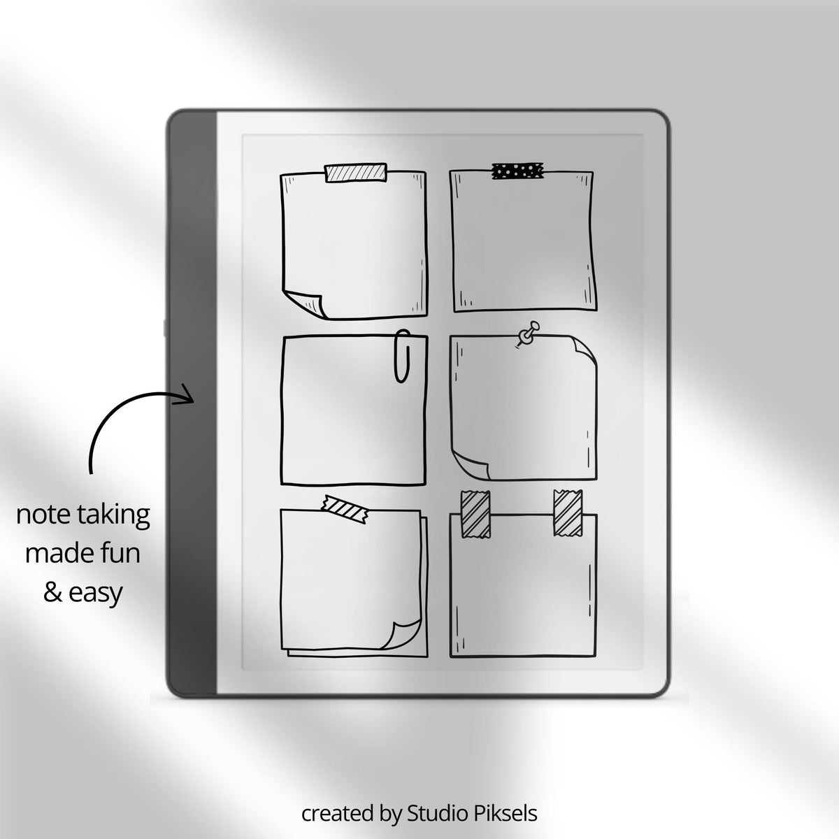 Sticky Notes Memo Notebook with 25 hand-drawn black-and-white pages, featuring reusable sticky note layouts and Capture Tool compatible digital notes.