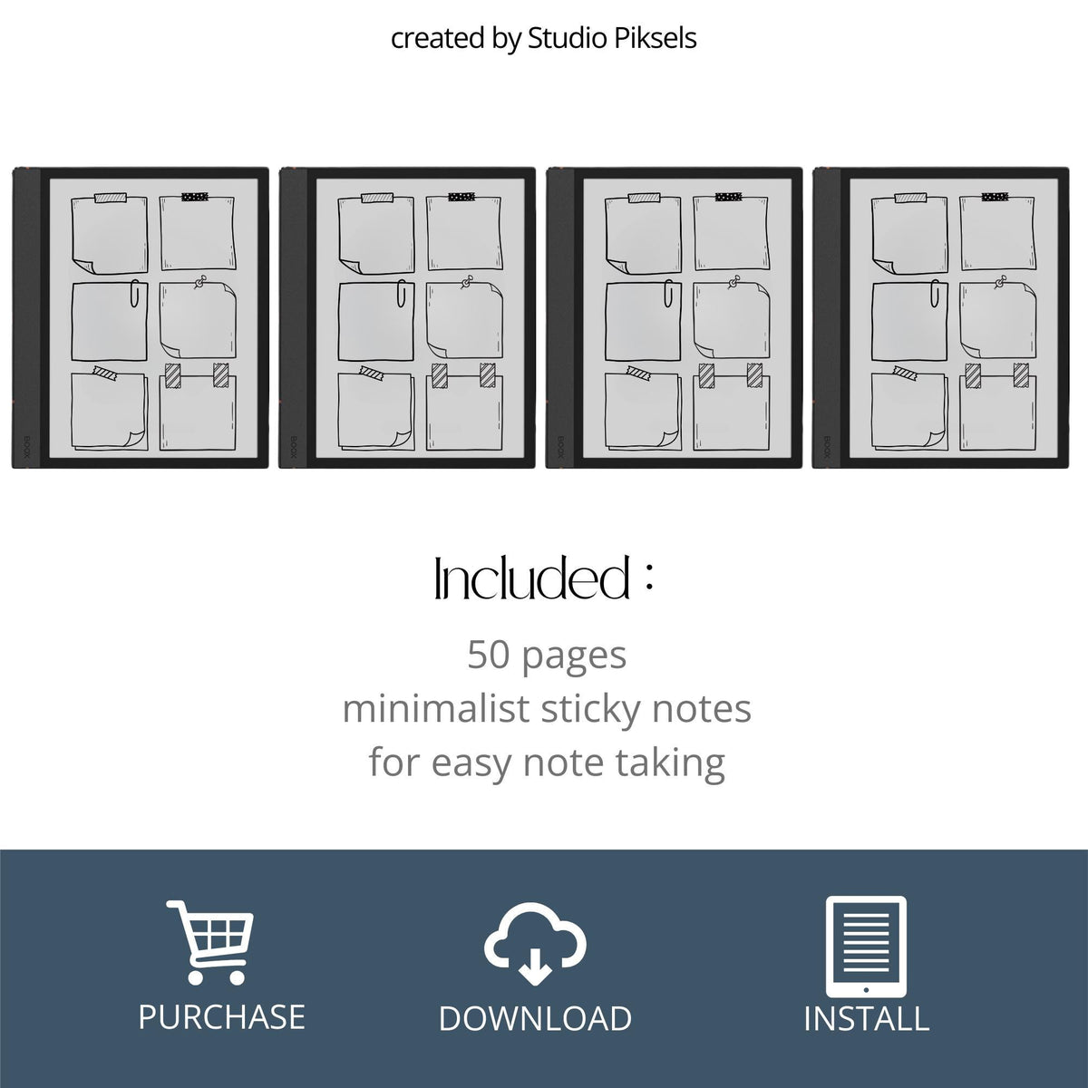Sticky Notes for BOOX featuring 50 reusable pages, six sketch-style memo layouts per page, and digital sticky notes compatible with the reMarkable Capture Tool workflow.