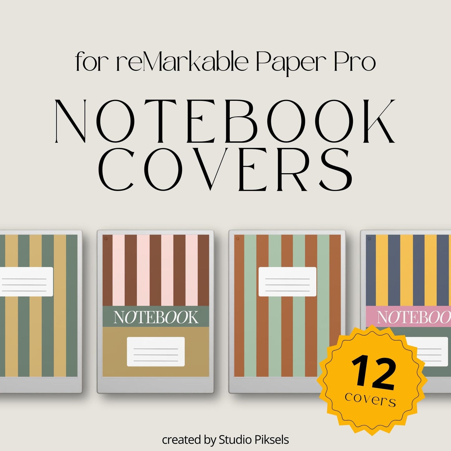 Striped notebook cover bundle for the reMarkable Paper Pro featuring 12 minimalist vertical and horizontal digital covers, geometric line patterns, and file organization layouts.