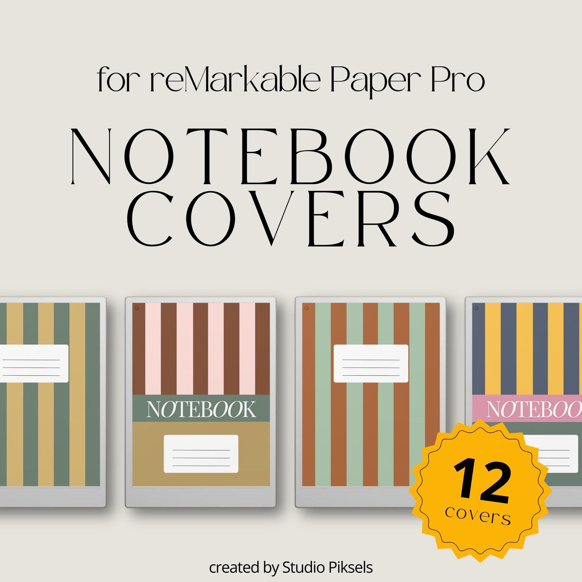 Striped notebook cover bundle for the reMarkable Paper Pro featuring 12 minimalist vertical and horizontal digital covers, geometric line patterns, and file organization layouts.