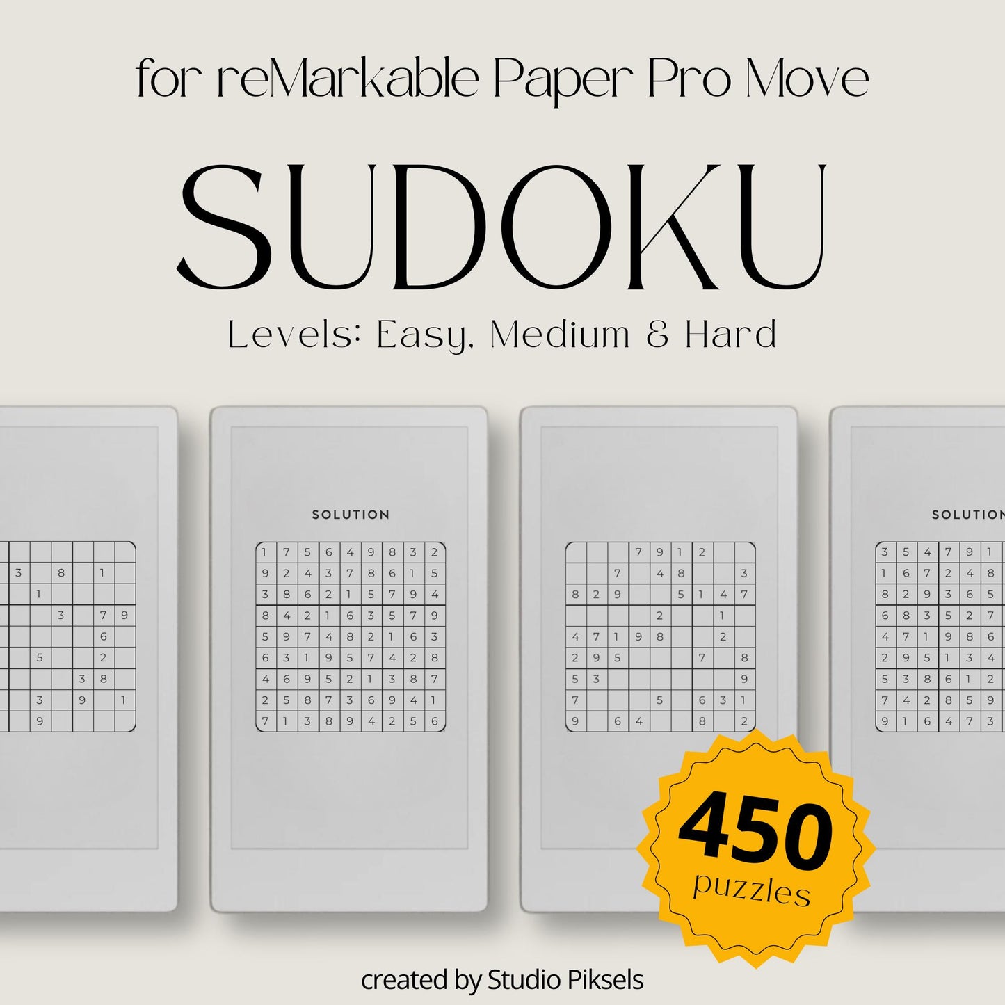 Sudoku puzzles displayed on the reMarkable Paper Pro Move with a clean layout optimized for e ink screens.