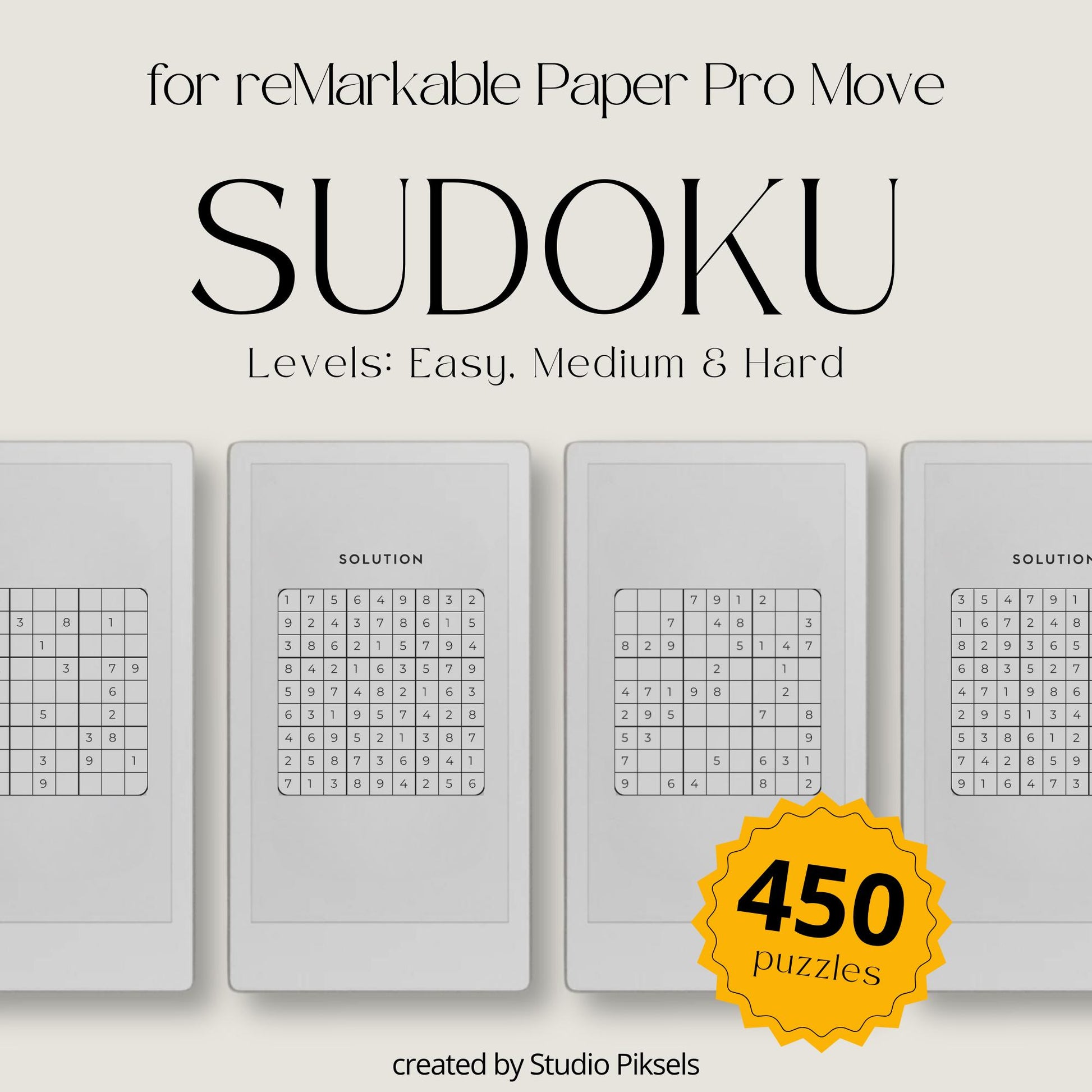 Sudoku puzzles displayed on the reMarkable Paper Pro Move with a clean layout optimized for e ink screens.