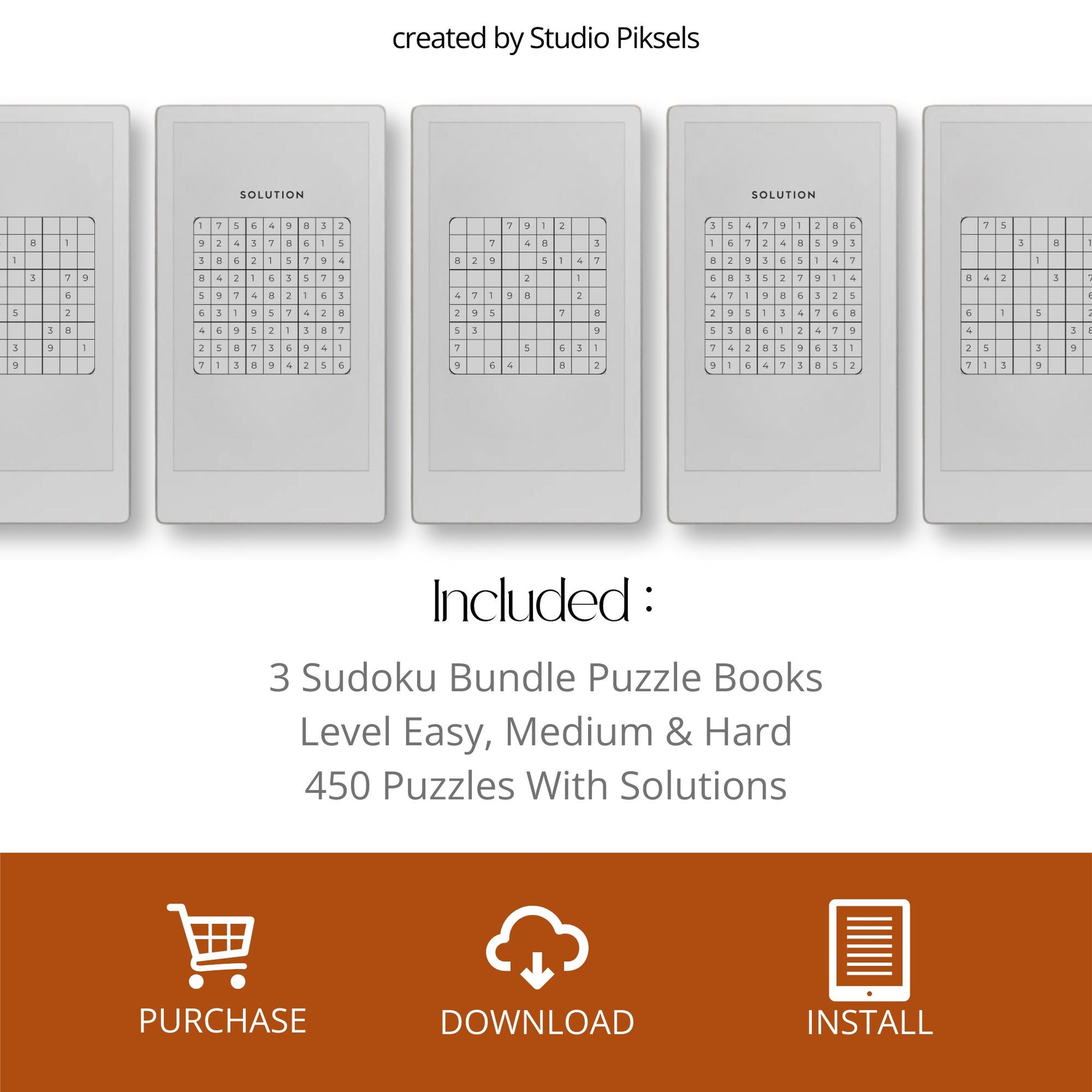 Solution page from the Sudoku Puzzle Book Bundle for reMarkable Paper Pro Move showing completed Sudoku answers.