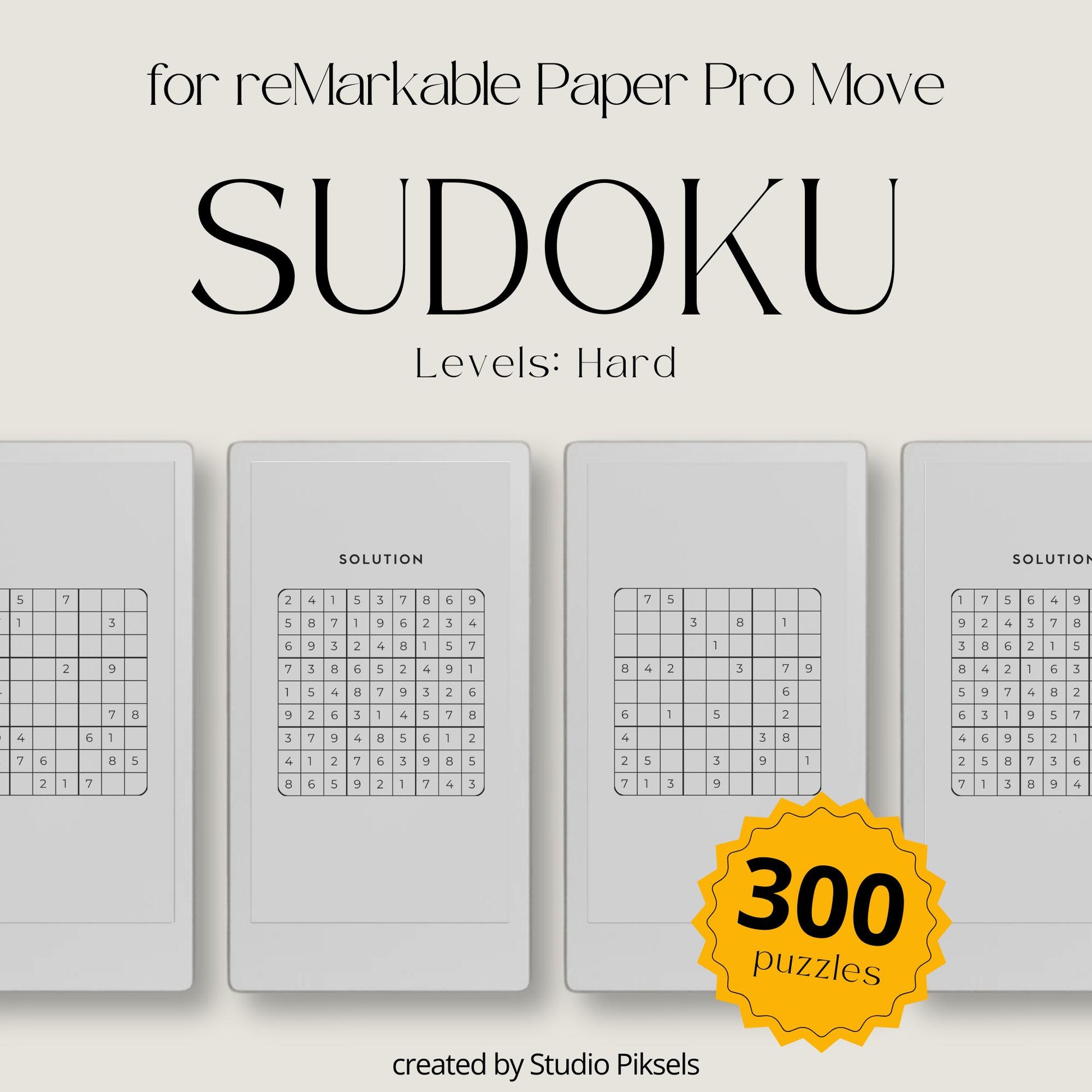 Instant download available for the Sudoku Puzzle Book Hard Level for reMarkable Paper Pro Move offering 300 challenging puzzles.