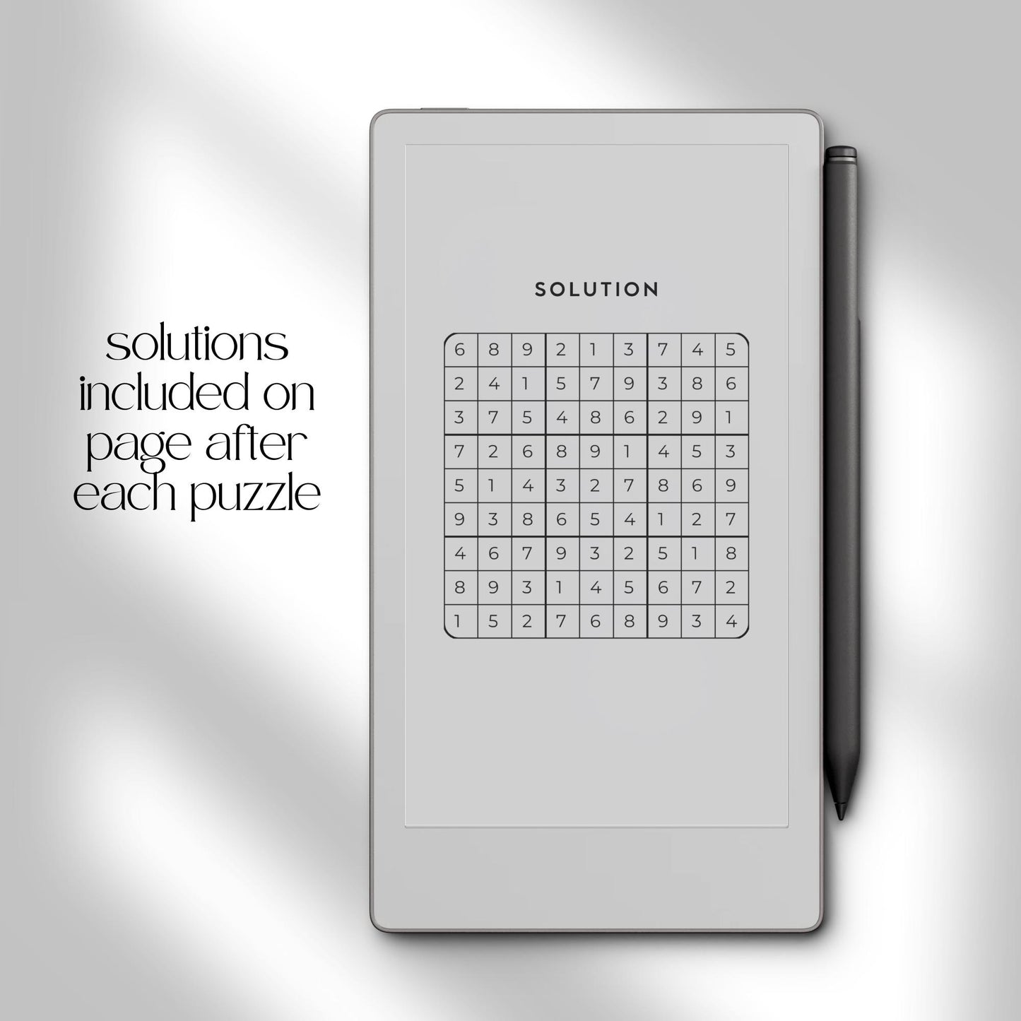 Solution page from the Sudoku Puzzle Book Hard Level for reMarkable Paper Pro Move showing the completed answers to a puzzle.
