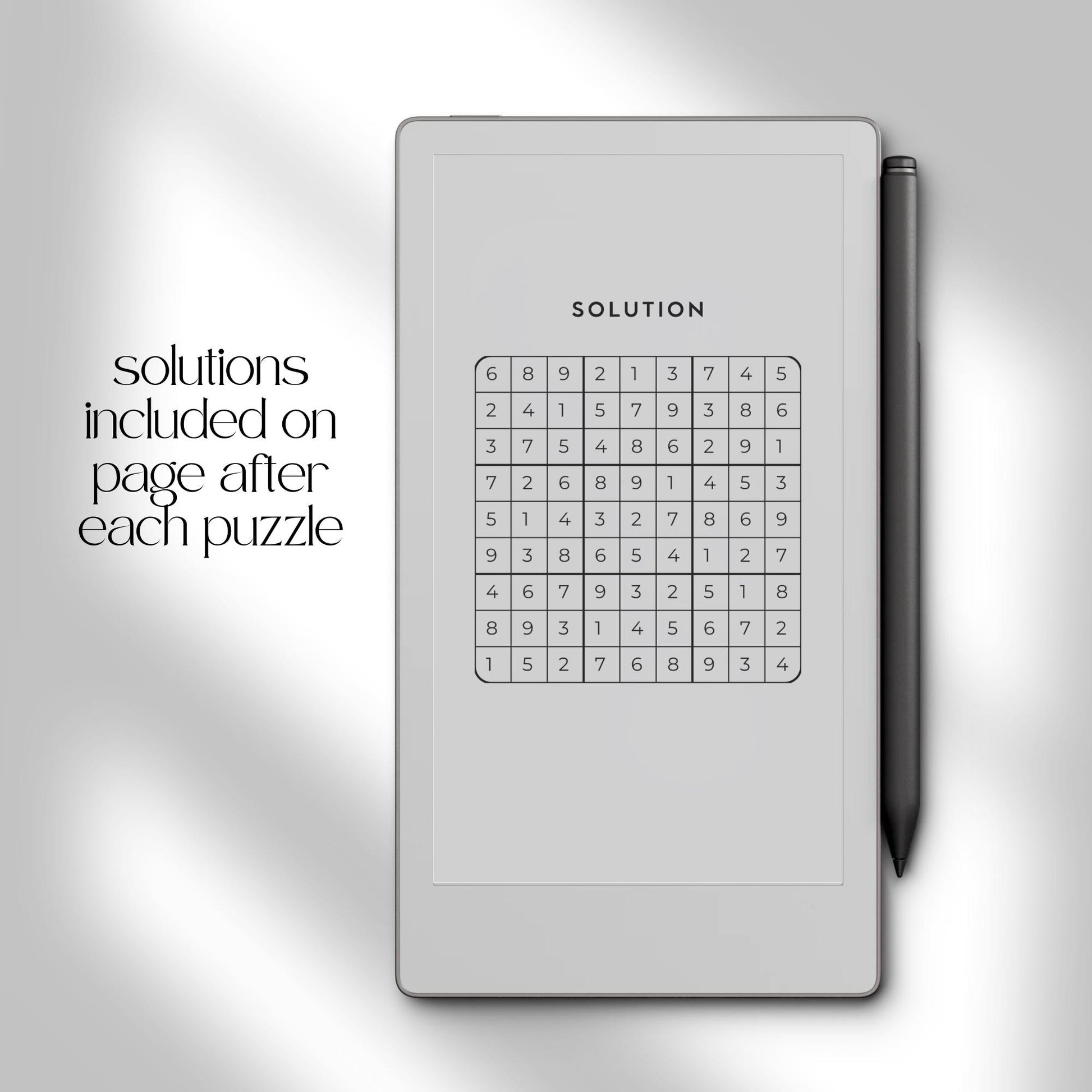 Solution page from the Sudoku Puzzle Book Hard Level for reMarkable Paper Pro Move showing the completed answers to a puzzle.
