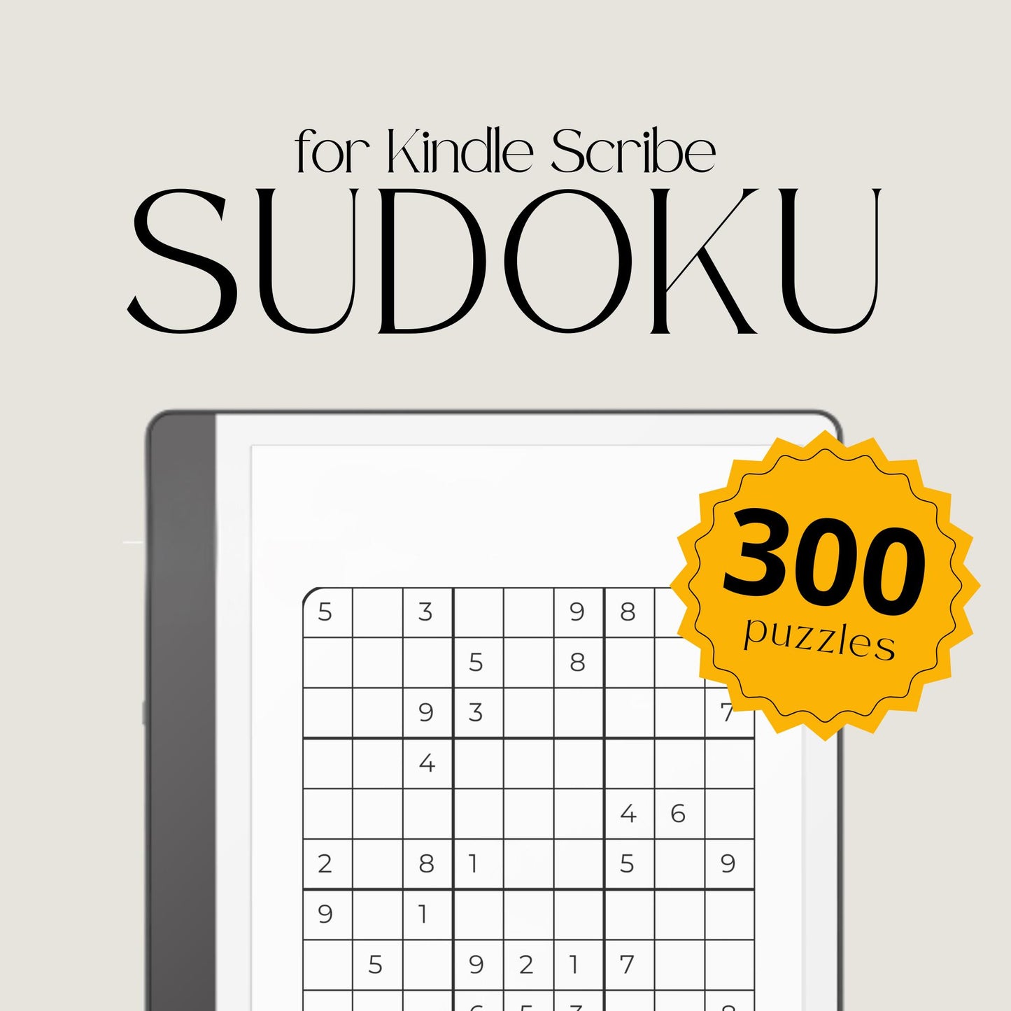 Sudoku Puzzle Bundle for Kindle Scribe featuring 300 easy and hard Sudoku puzzles with solution pages for relaxing brain training and digital puzzle solving.