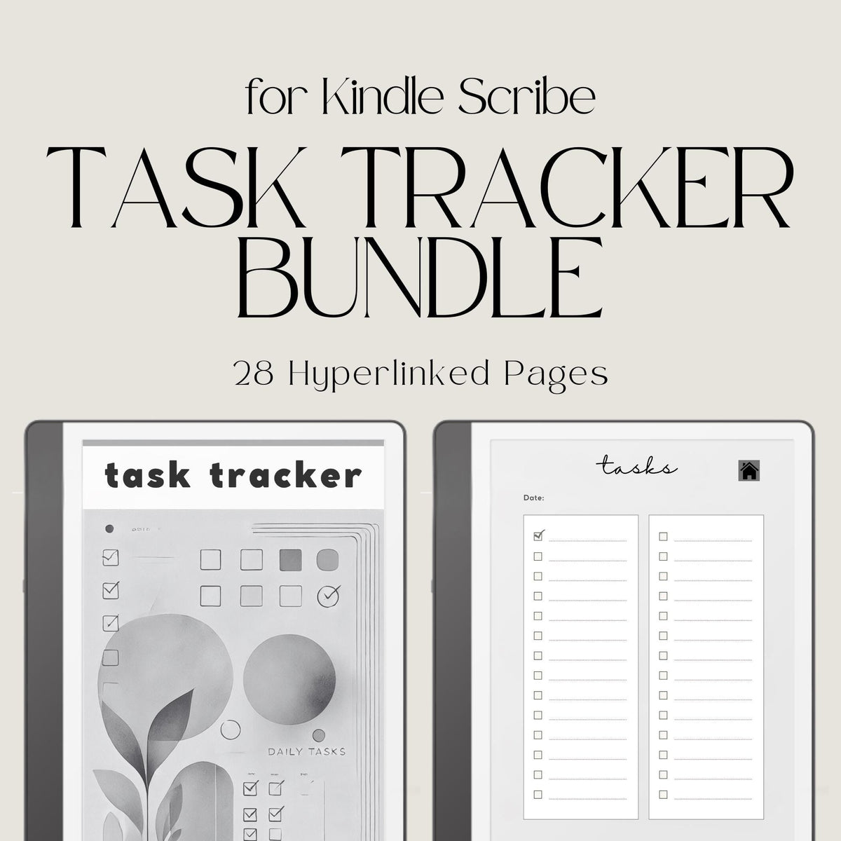 Task Tracker Bundle for Kindle Scribe featuring hyperlinked digital notebooks with daily task planning pages and minimalist productivity layouts.