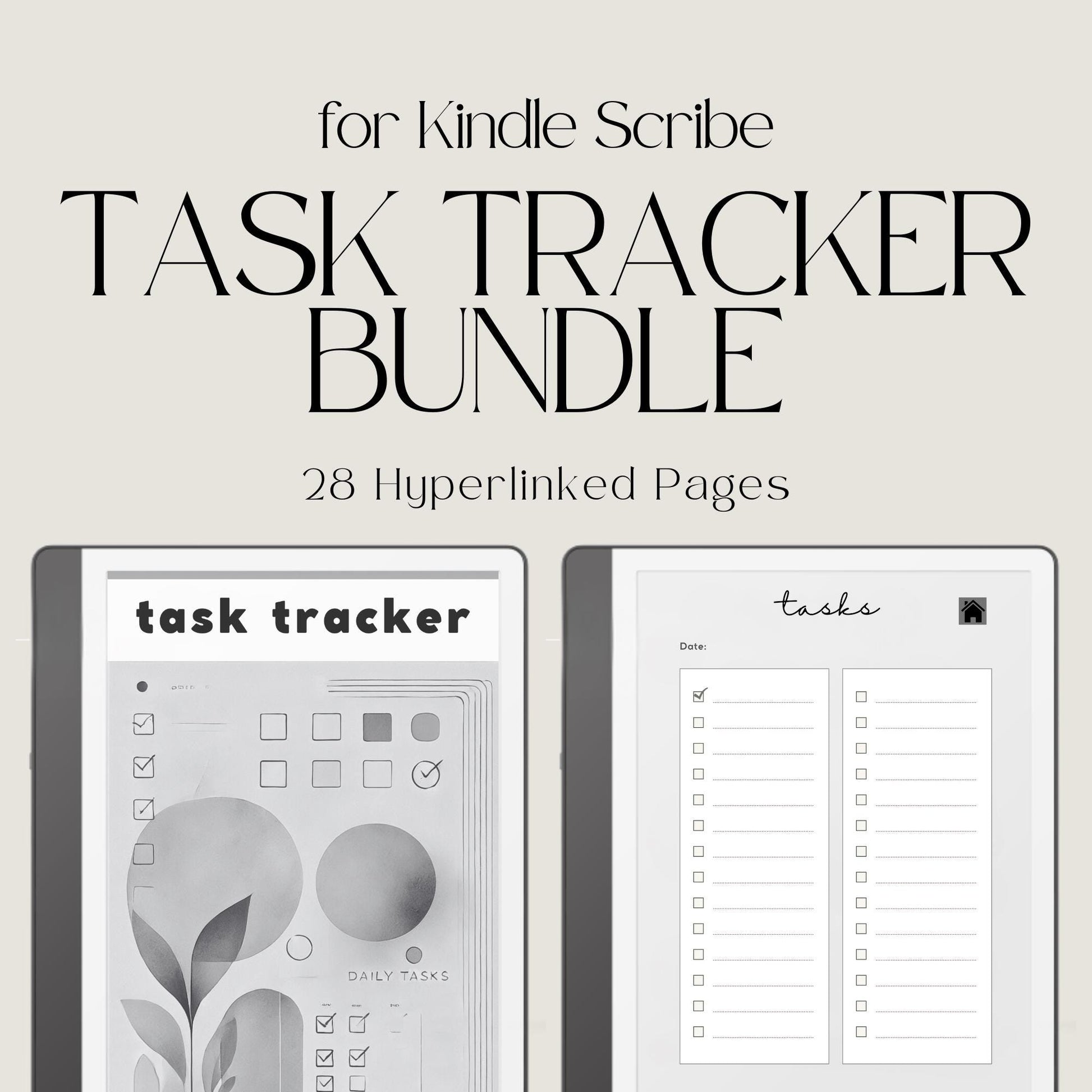 Task Tracker Bundle for Kindle Scribe featuring hyperlinked digital notebooks with daily task planning pages and minimalist productivity layouts.