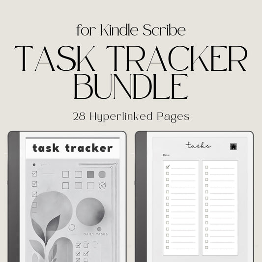 Task Tracker Bundle for Kindle Scribe featuring hyperlinked digital notebooks with daily task planning pages and minimalist productivity layouts.