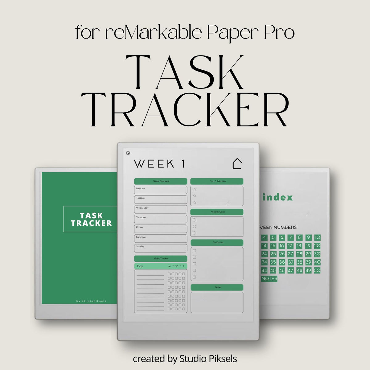 Task Tracker bundle for reMarkable Paper Pro with hyperlinked 52-week weekly planner pages, structured task management layouts, priority planning sections, goal tracking, habit tracking, to-do lists, and minimalist digital planner design optimized for distraction-free weekly organization.
