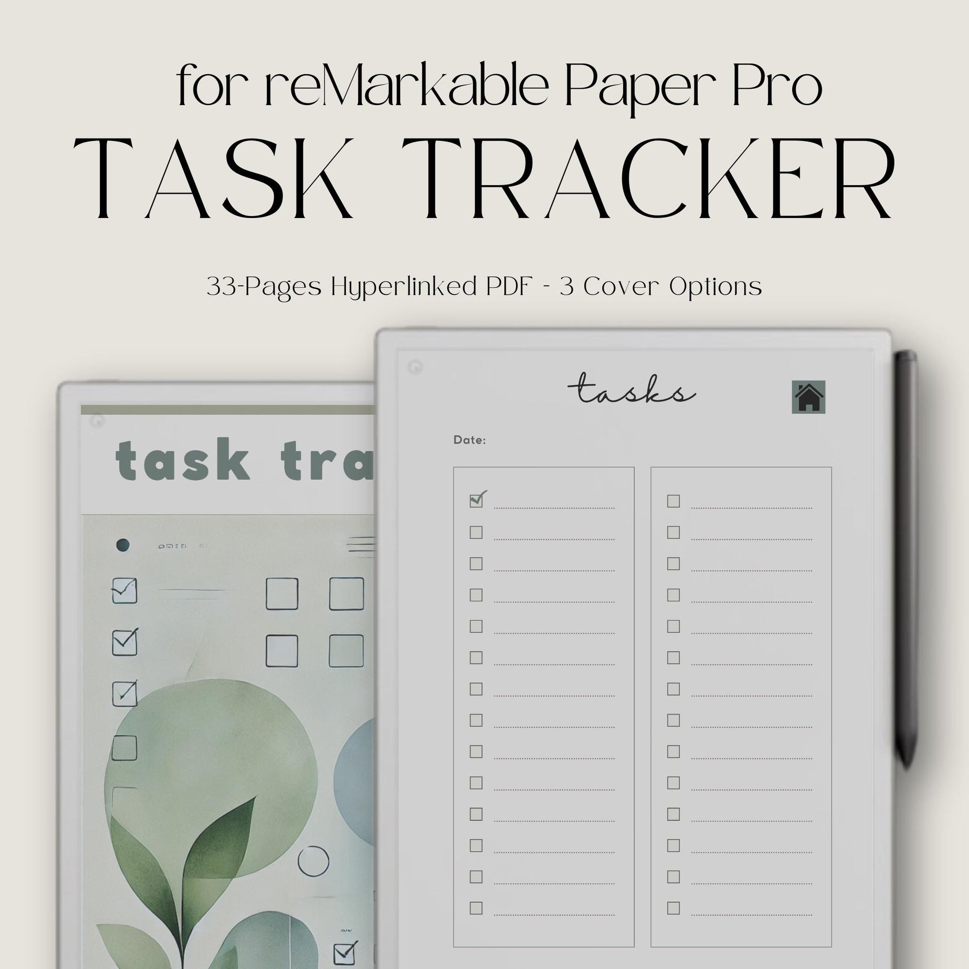 Task Trackers for reMarkable Paper Pro with 31 daily task pages, hyperlinked index, and three color notebook designs.