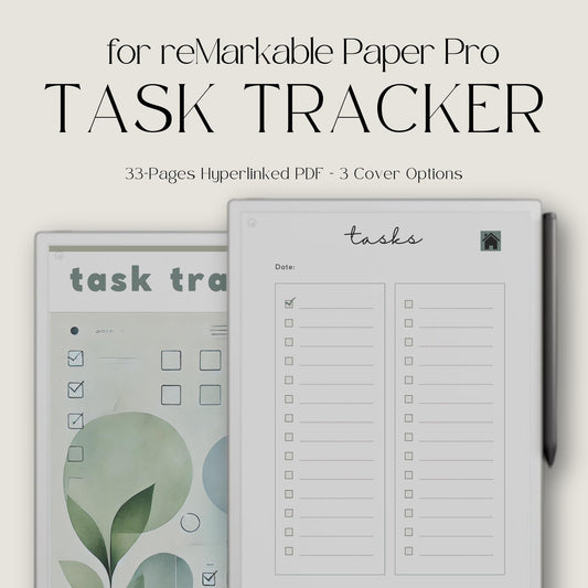 Task Trackers for reMarkable Paper Pro with 31 daily task pages, hyperlinked index, and three color notebook designs.