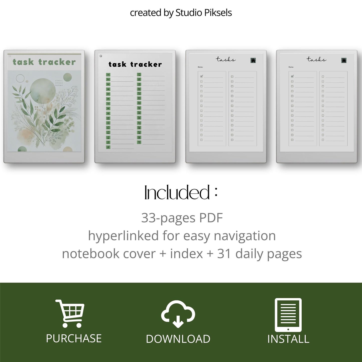Task Trackers for reMarkable Paper Pro with 31 daily task pages, hyperlinked index, and three color notebook designs.