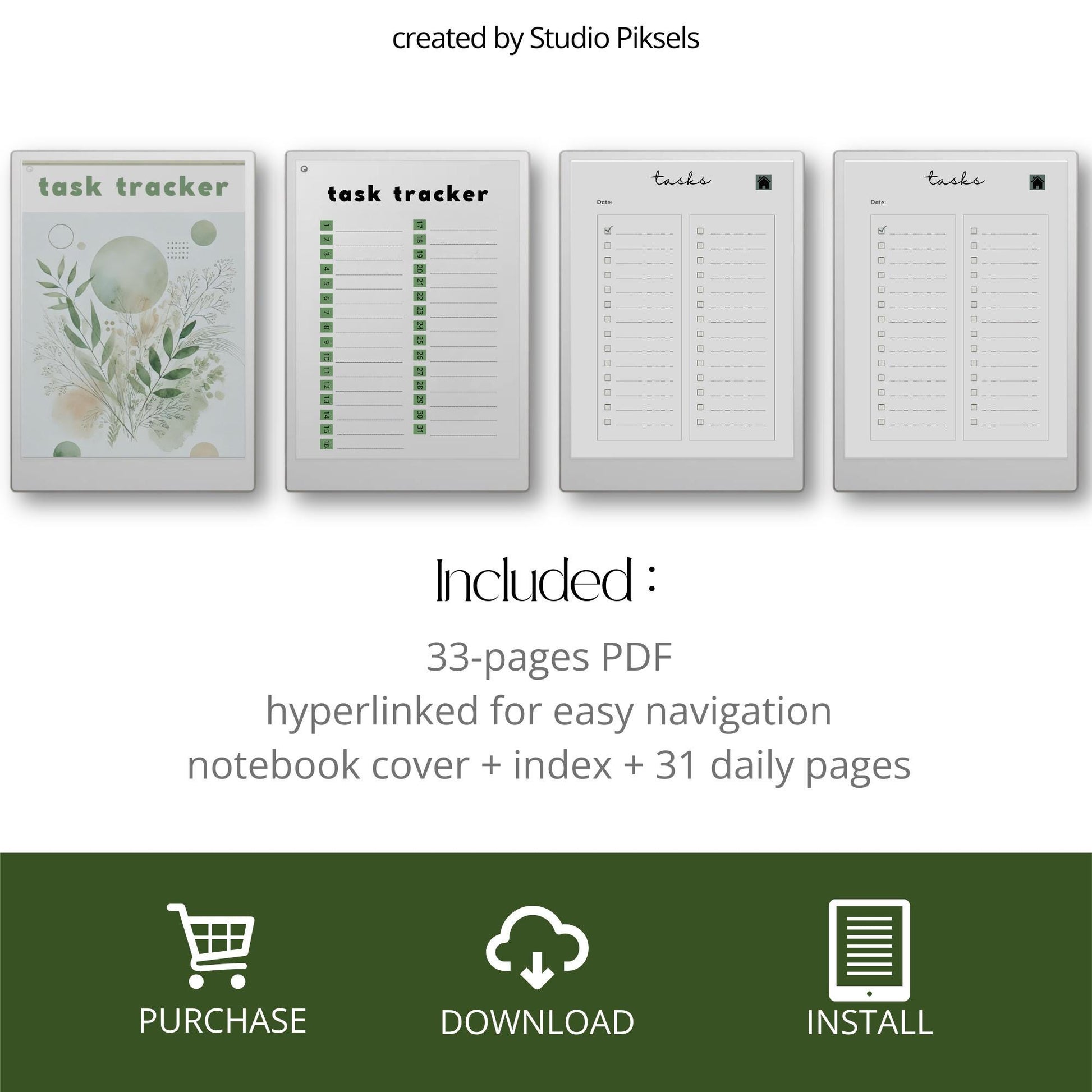 Task Trackers for reMarkable Paper Pro with 31 daily task pages, hyperlinked index, and three color notebook designs.