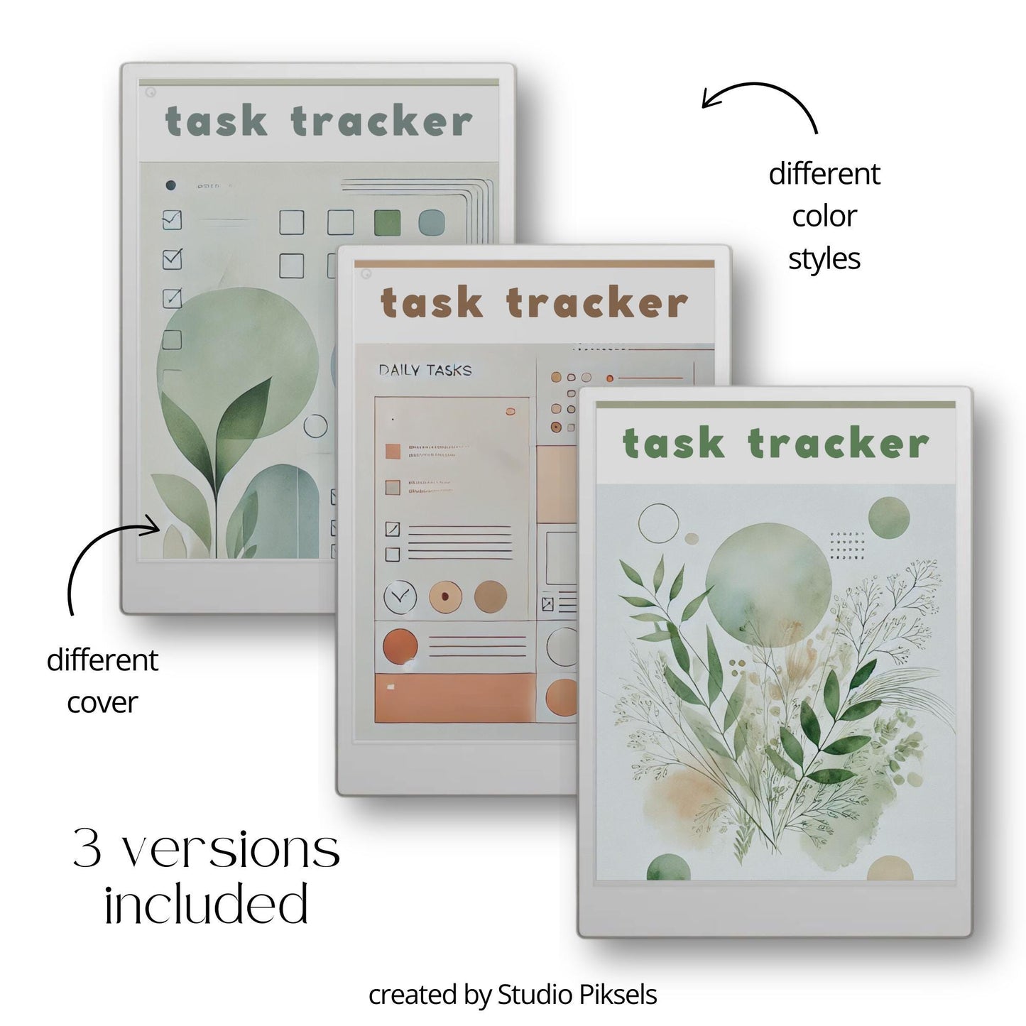 Task Trackers for reMarkable Paper Pro with 31 daily task pages, hyperlinked index, and three color notebook designs.