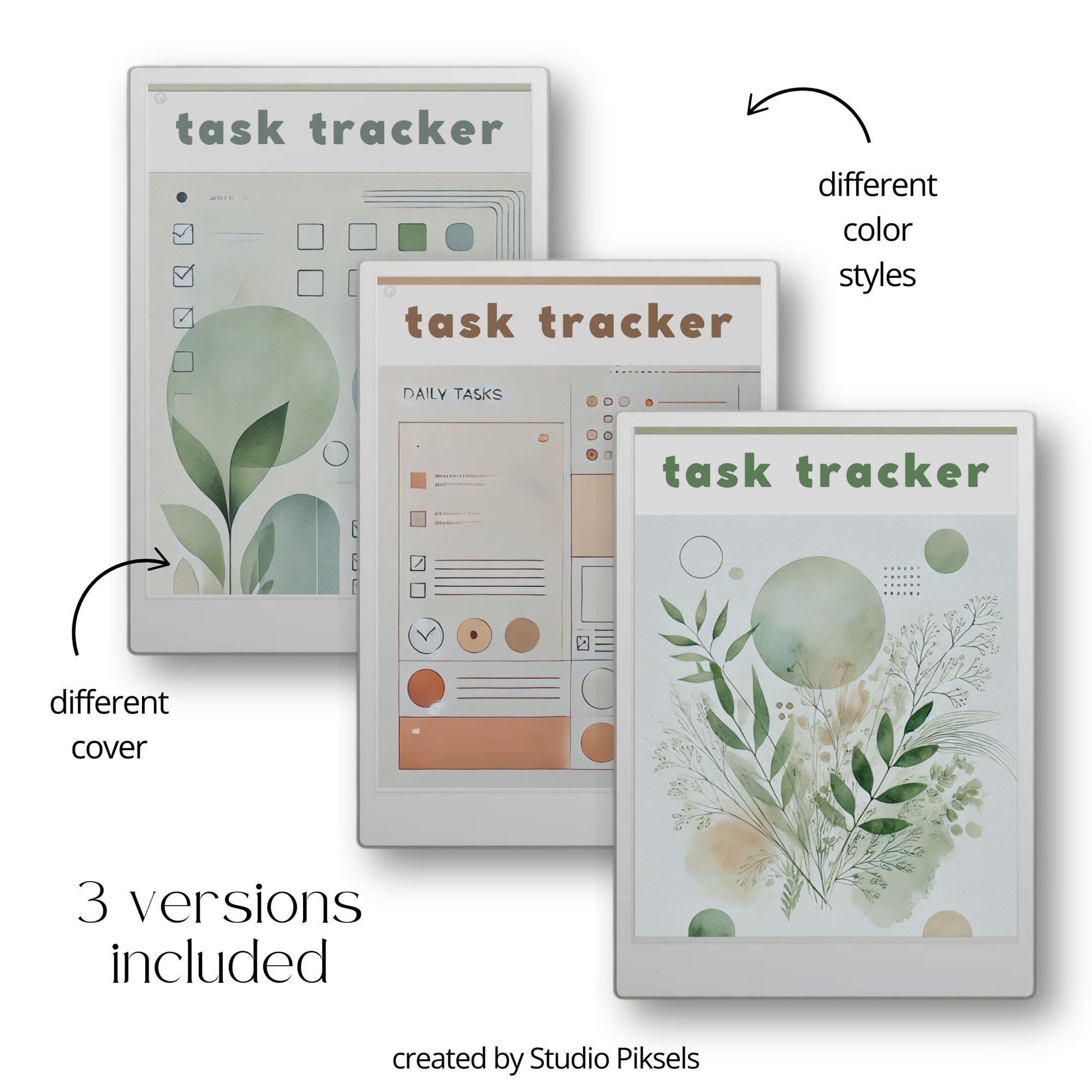 Task Trackers for reMarkable Paper Pro with 31 daily task pages, hyperlinked index, and three color notebook designs.
