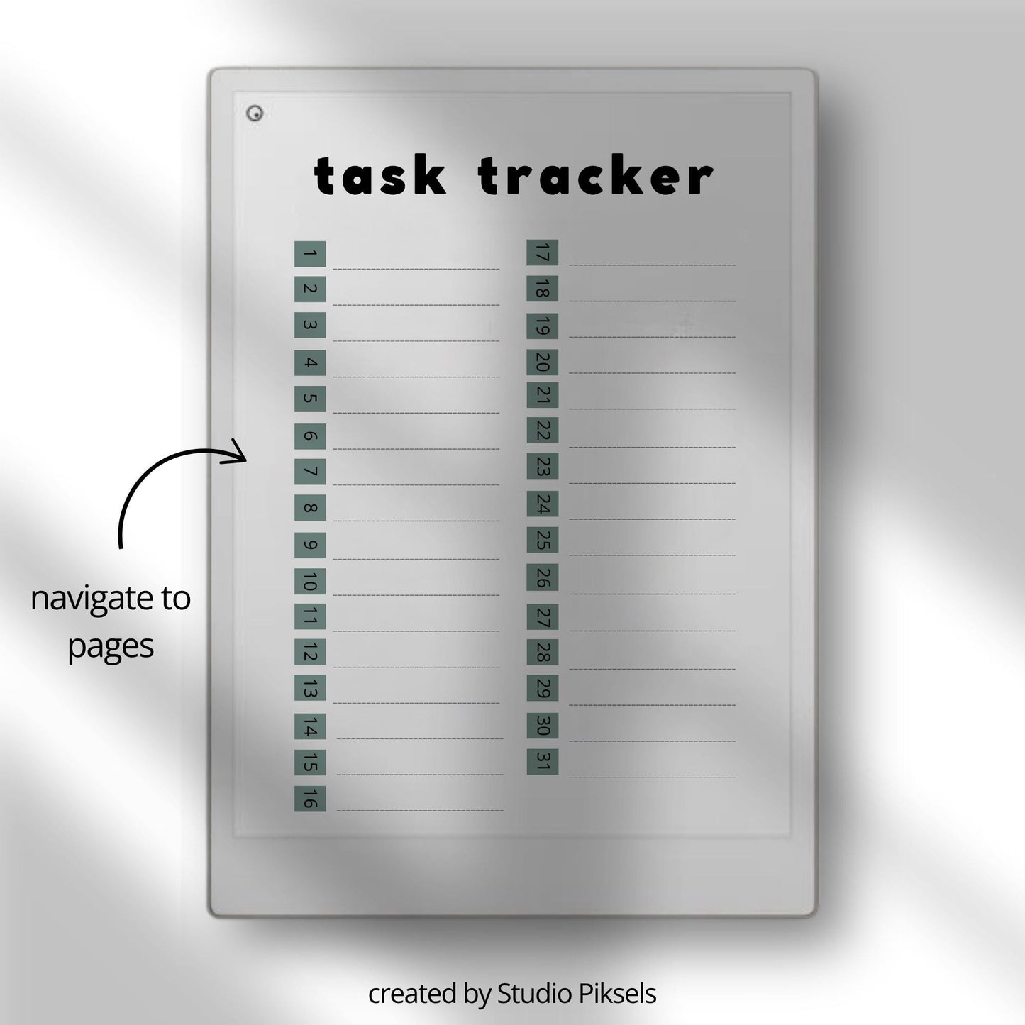 Task Trackers for reMarkable Paper Pro with 31 daily task pages, hyperlinked index, and three color notebook designs.