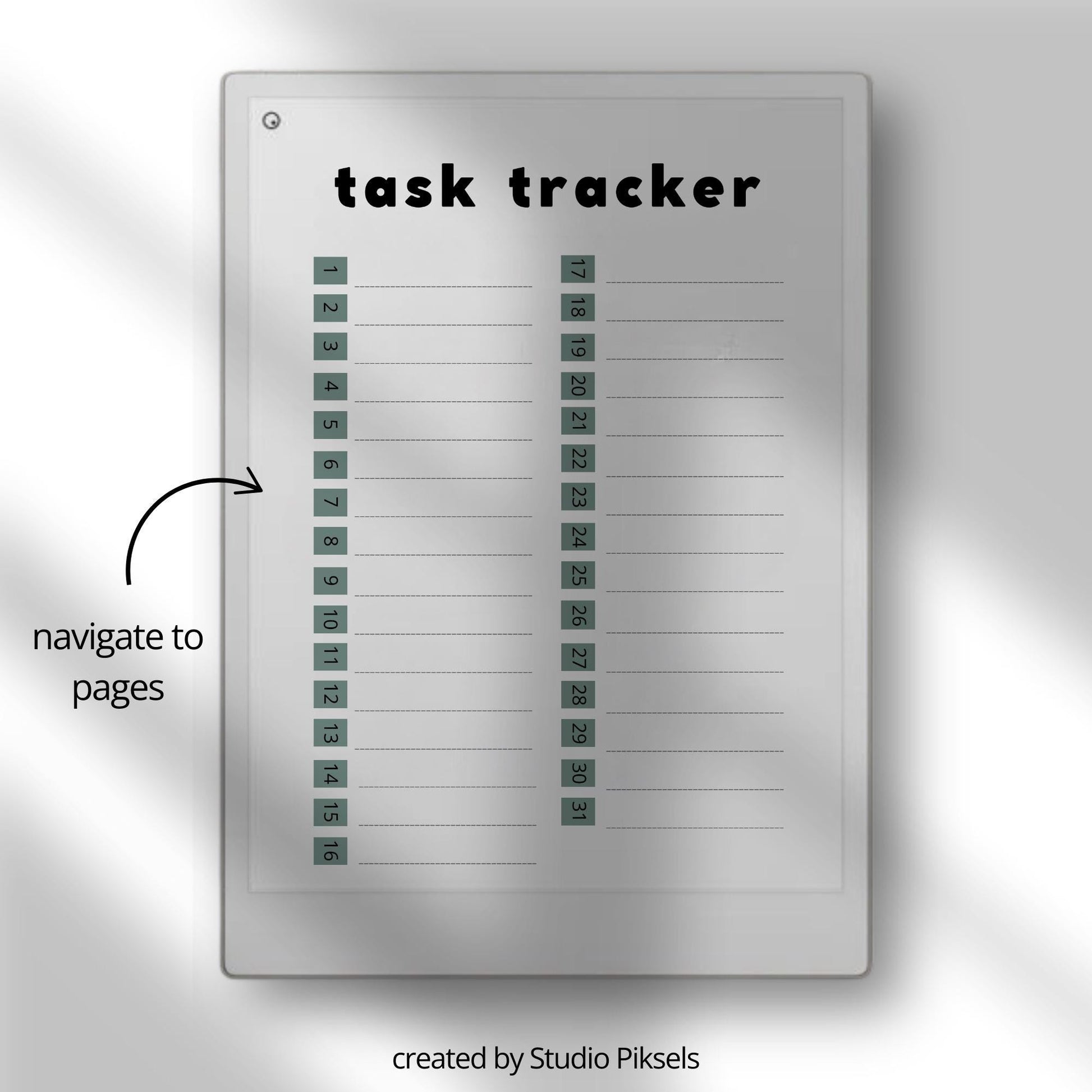Task Trackers for reMarkable Paper Pro with 31 daily task pages, hyperlinked index, and three color notebook designs.