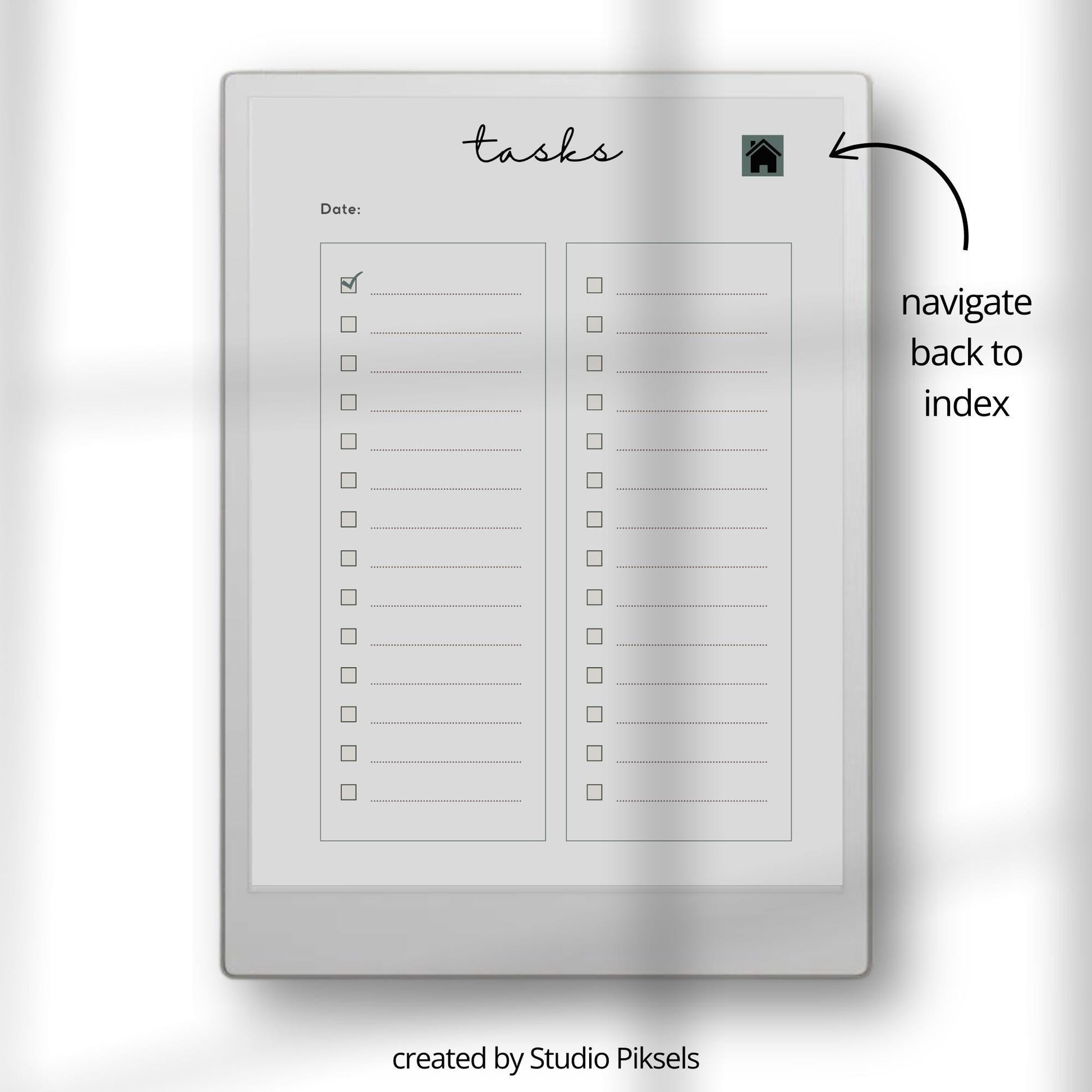 Task Trackers for reMarkable Paper Pro with 31 daily task pages, hyperlinked index, and three color notebook designs.