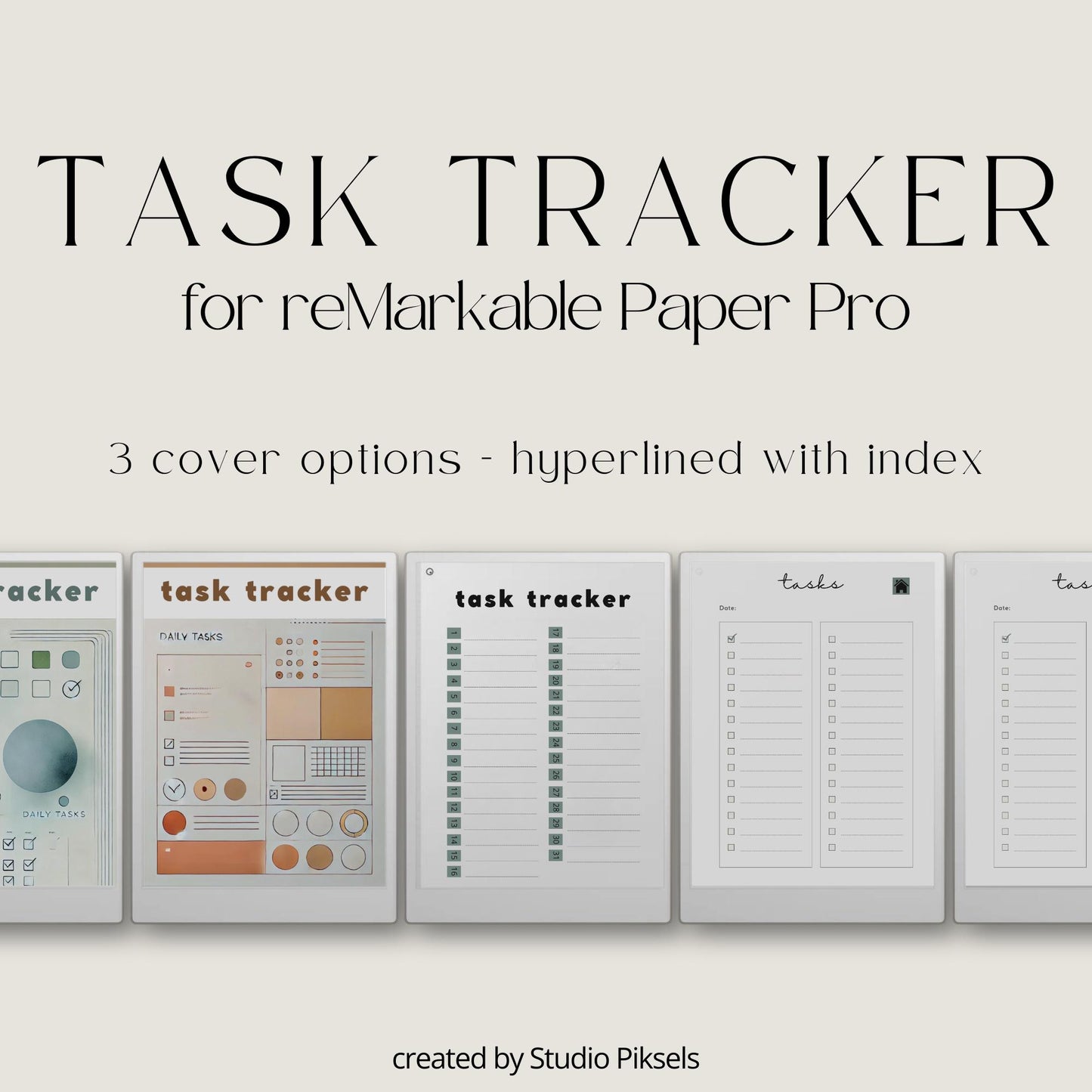 Task Trackers for reMarkable Paper Pro with 31 daily task pages, hyperlinked index, and three color notebook designs.