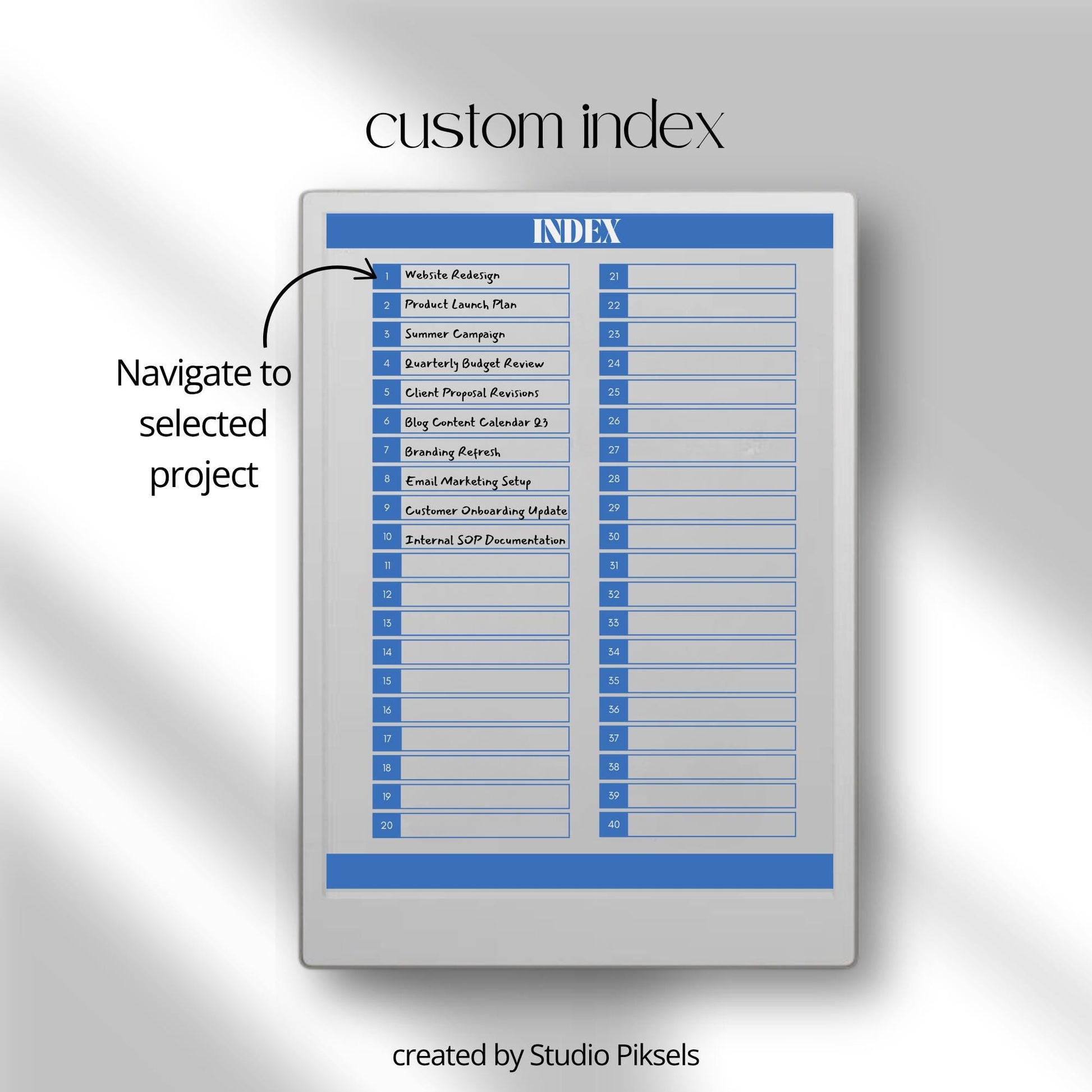 Digital task and project management notebook for reMarkable Paper Pro.