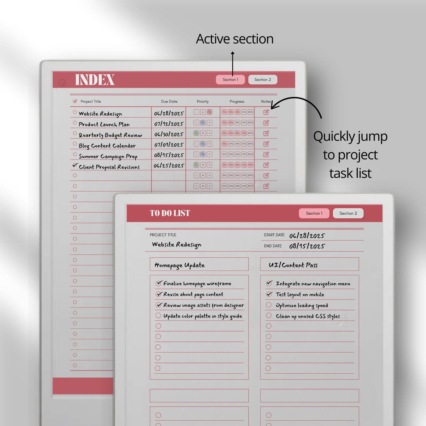 Digital task and project management notebook for reMarkable Paper Pro.