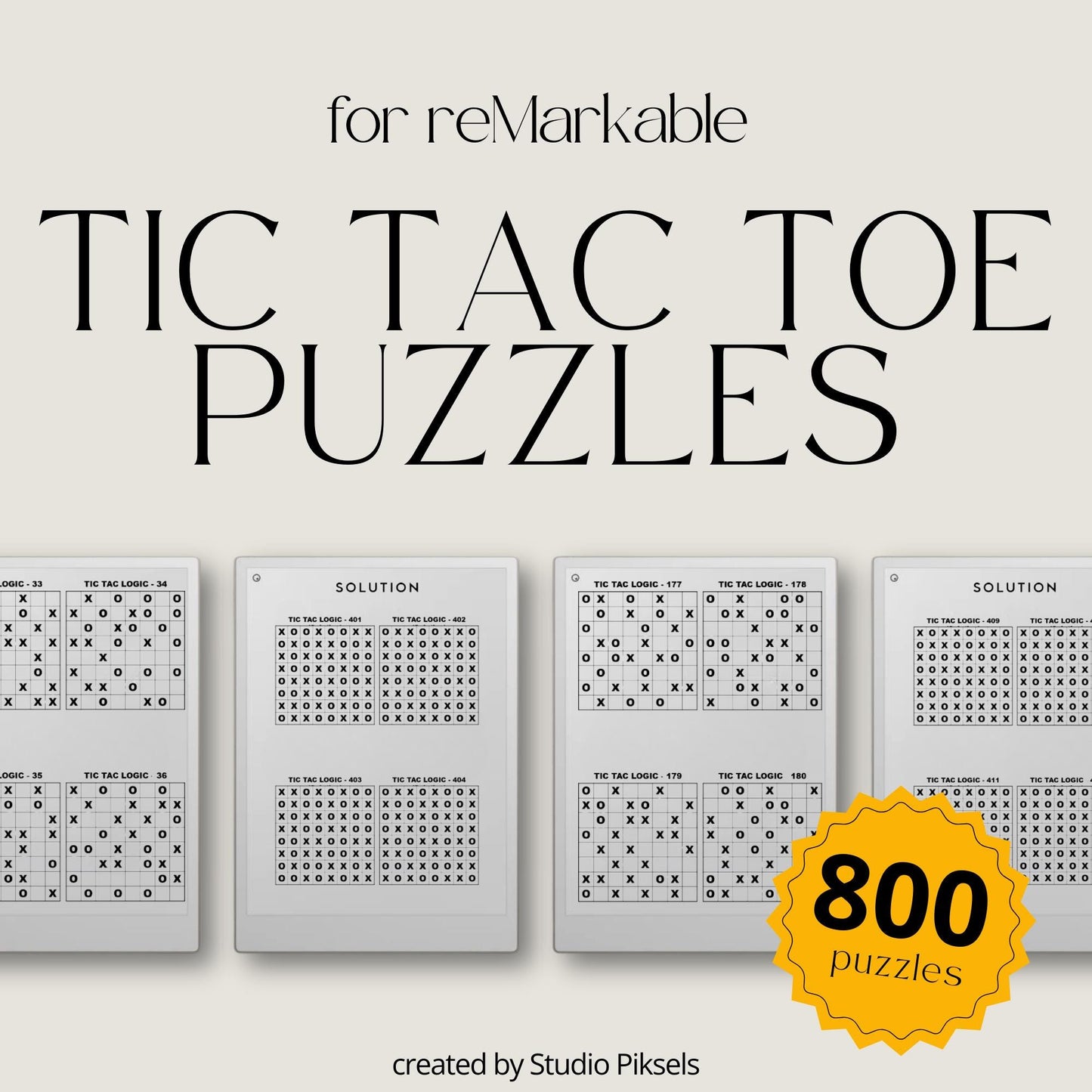 Tic Tac Toe logic puzzle collection for reMarkable, offering 800 puzzles with deductive reasoning and pattern recognition exercises