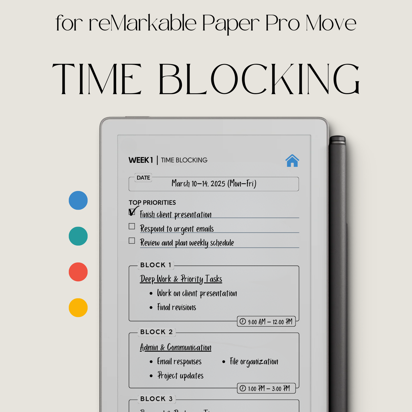 Hyperlinked time blocking weekly planner PDF for reMarkable Paper Pro Move with structured schedule layout and checklist pages.