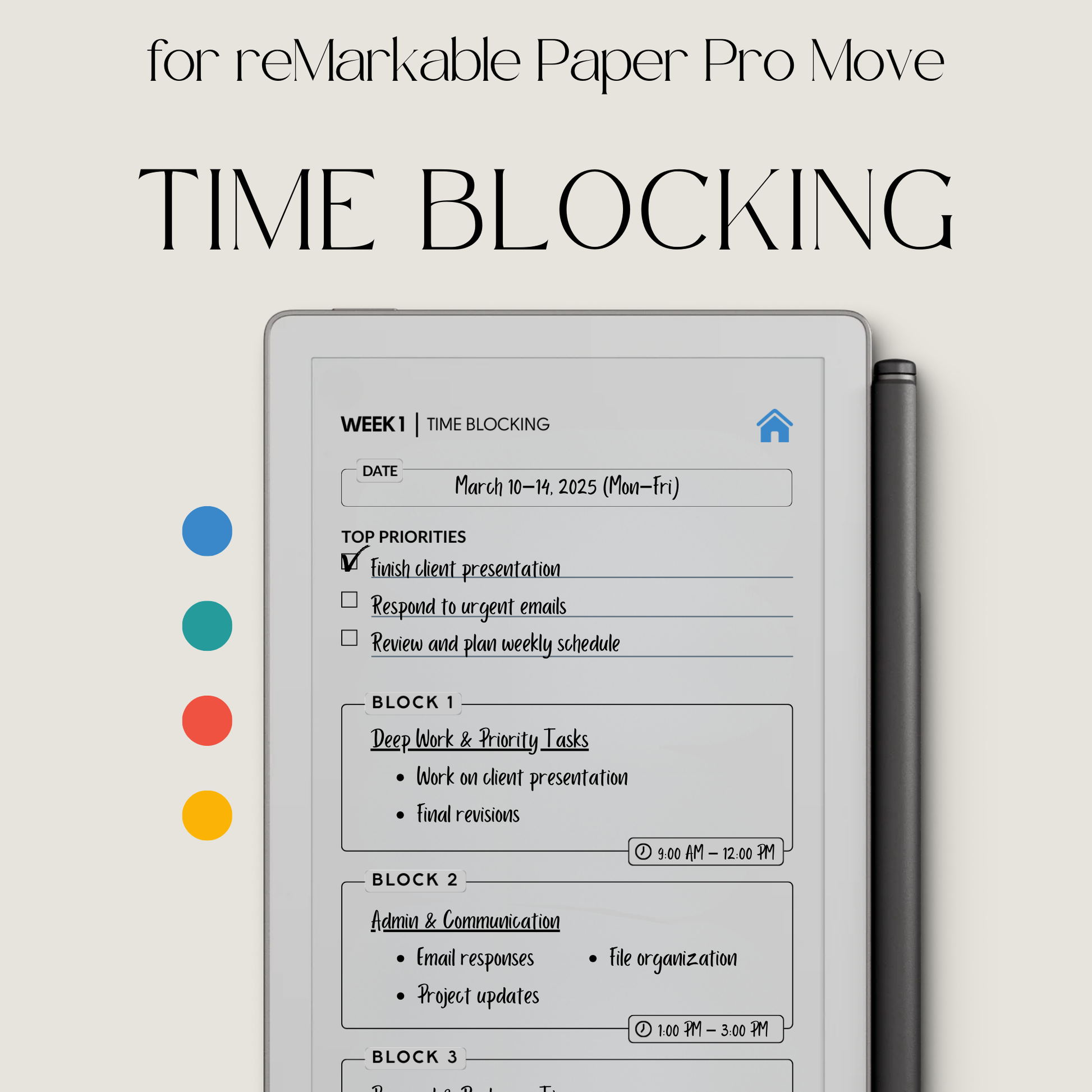 Hyperlinked time blocking weekly planner PDF for reMarkable Paper Pro Move with structured schedule layout and checklist pages.