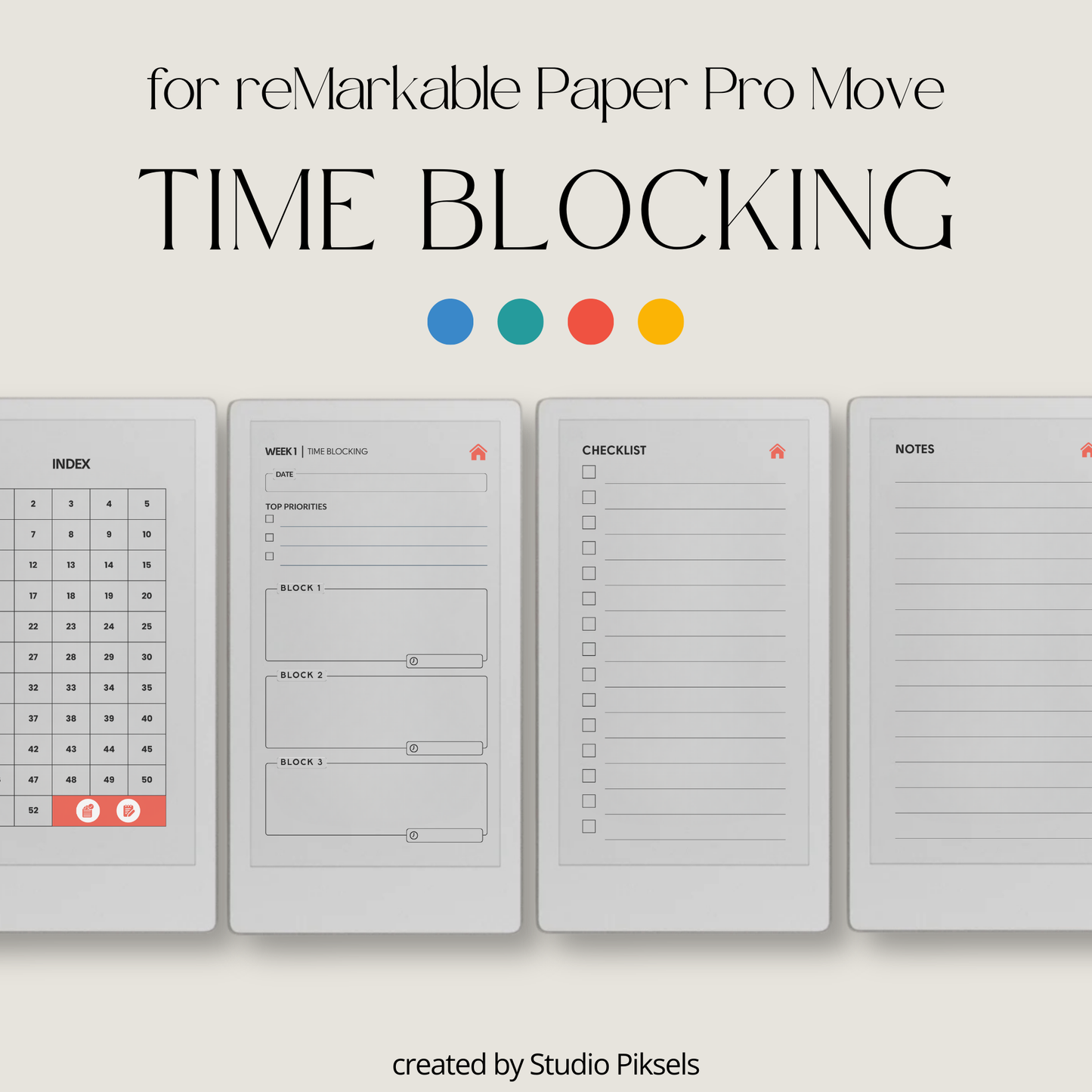 Hyperlinked time blocking weekly planner PDF for reMarkable Paper Pro Move with structured schedule layout and checklist pages.