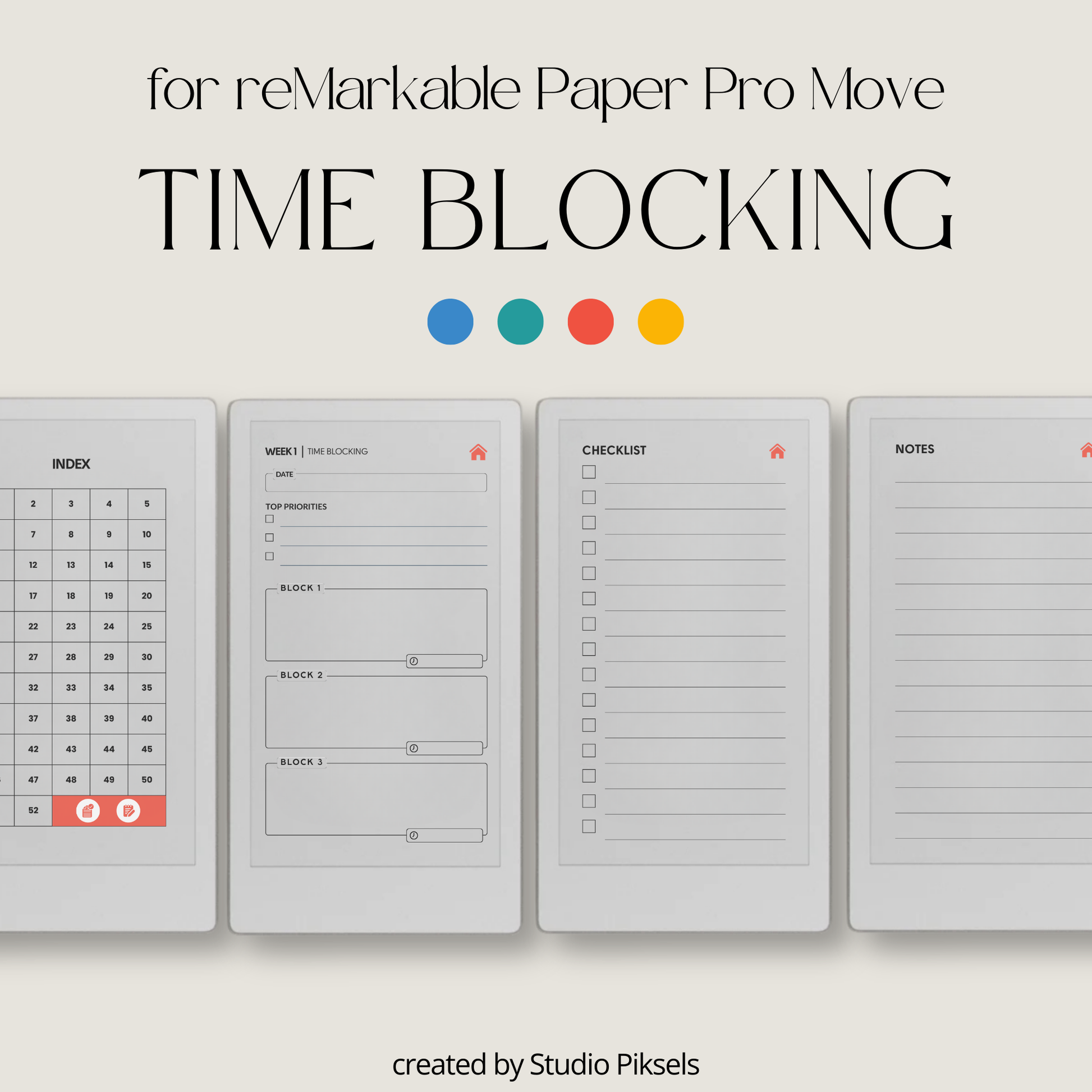 Hyperlinked time blocking weekly planner PDF for reMarkable Paper Pro Move with structured schedule layout and checklist pages.