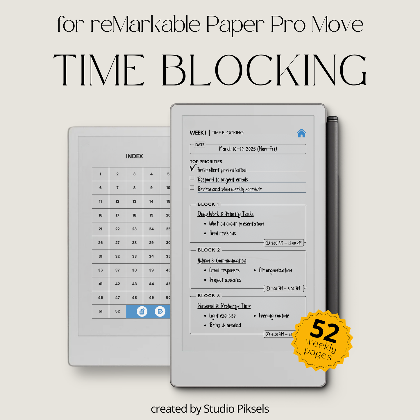 Hyperlinked time blocking weekly planner PDF for reMarkable Paper Pro Move with structured schedule layout and checklist pages.