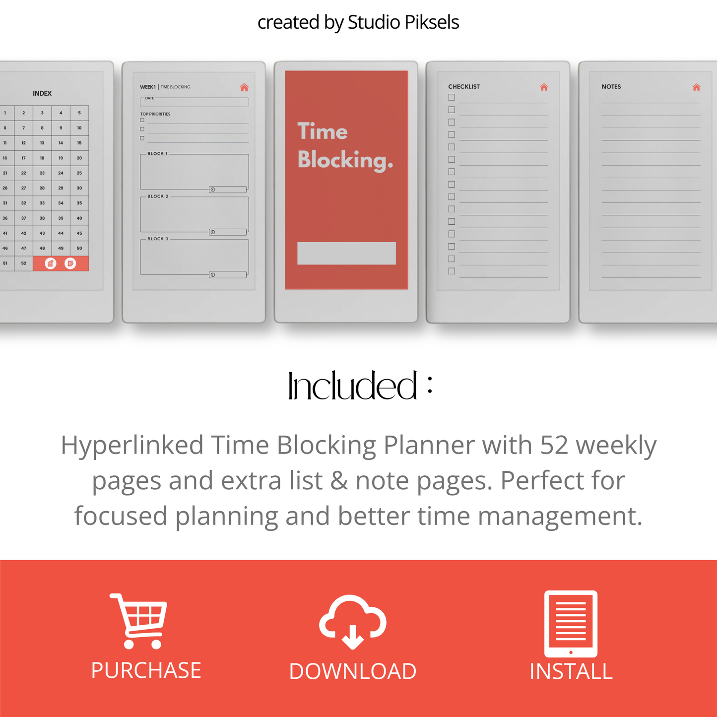 Hyperlinked time blocking weekly planner PDF for reMarkable Paper Pro Move with structured schedule layout and checklist pages.