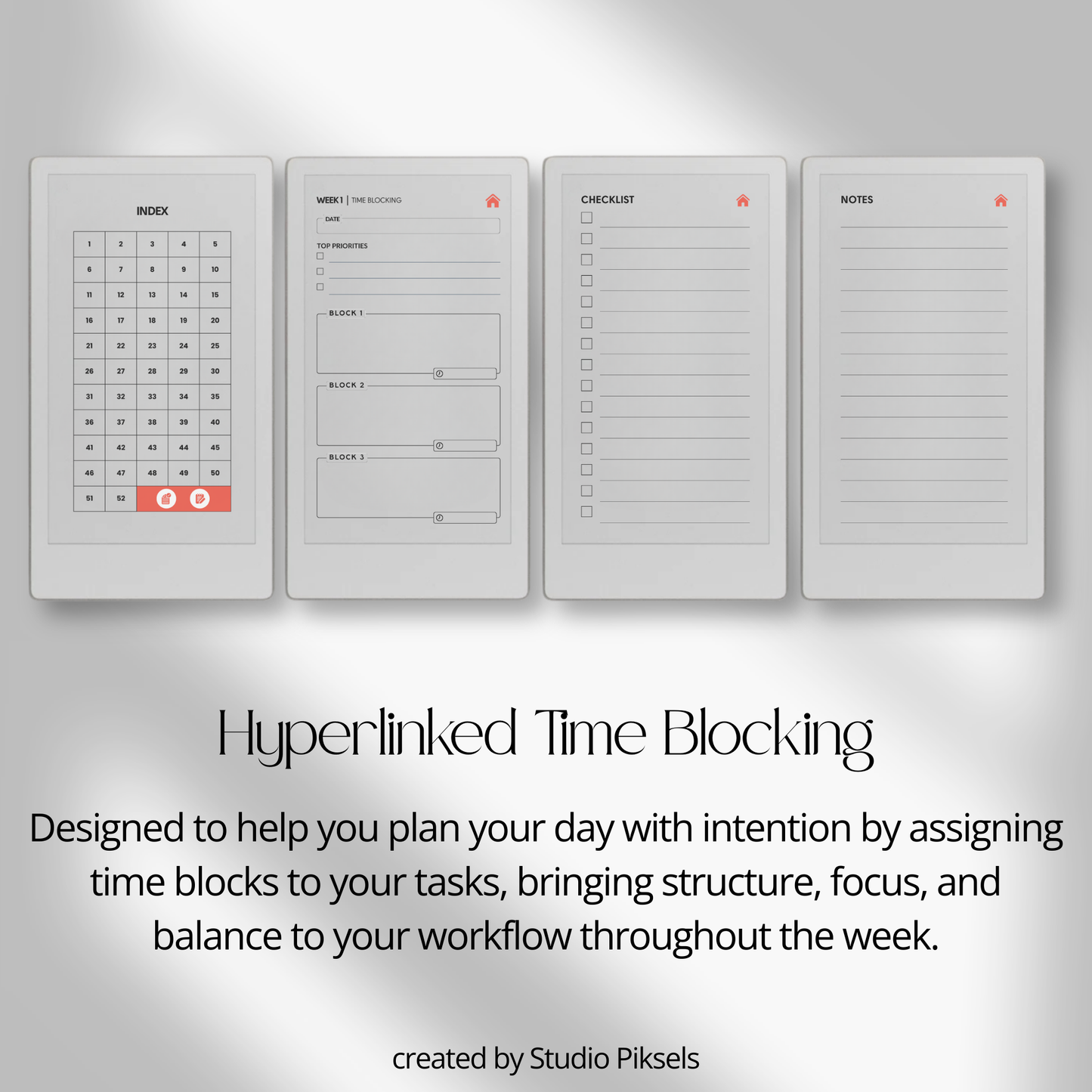 Hyperlinked time blocking weekly planner PDF for reMarkable Paper Pro Move with structured schedule layout and checklist pages.