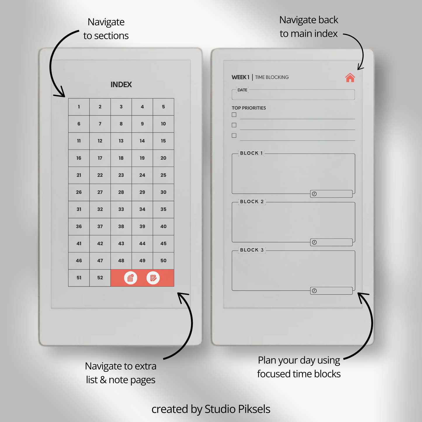 Hyperlinked time blocking weekly planner PDF for reMarkable Paper Pro Move with structured schedule layout and checklist pages.