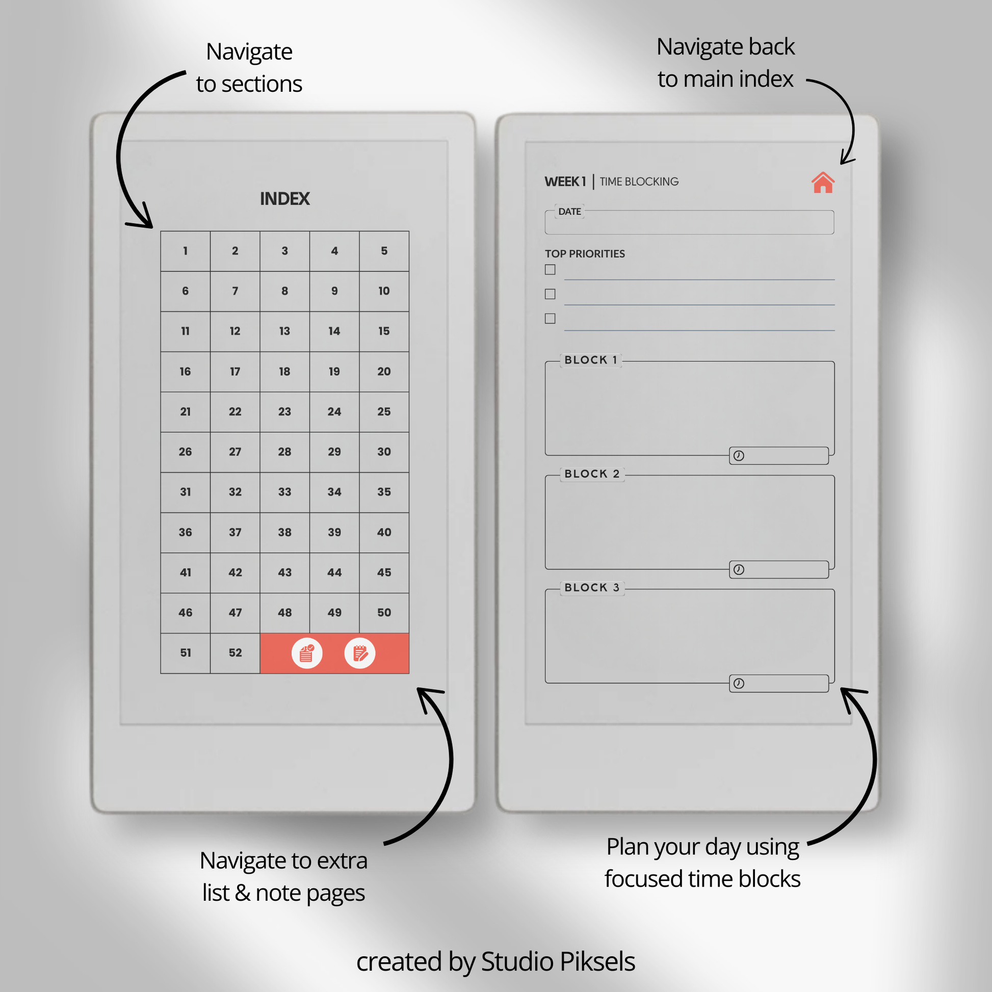 Hyperlinked time blocking weekly planner PDF for reMarkable Paper Pro Move with structured schedule layout and checklist pages.