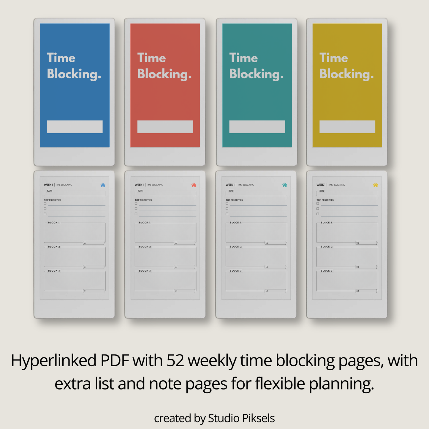 Hyperlinked time blocking weekly planner PDF for reMarkable Paper Pro Move with structured schedule layout and checklist pages.