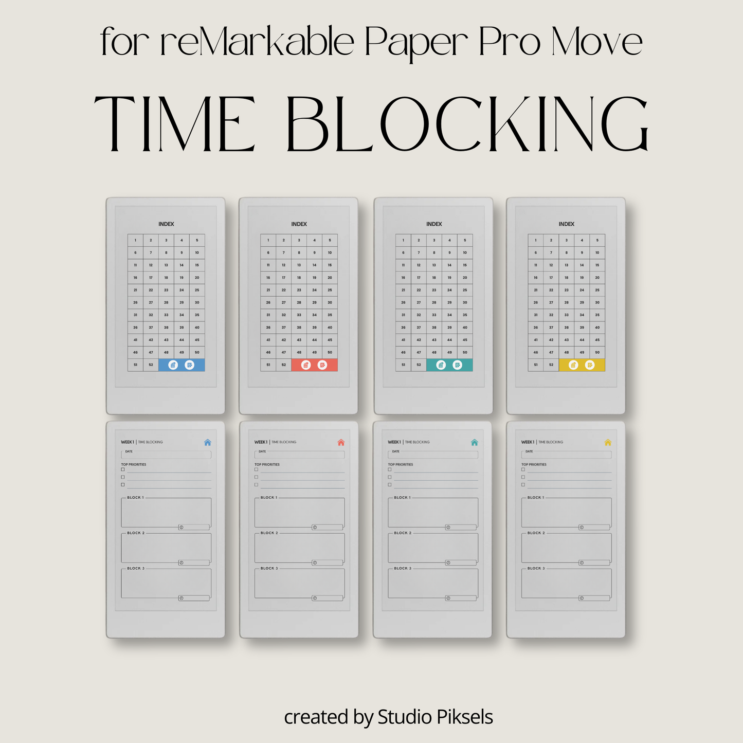 Hyperlinked time blocking weekly planner PDF for reMarkable Paper Pro Move with structured schedule layout and checklist pages.