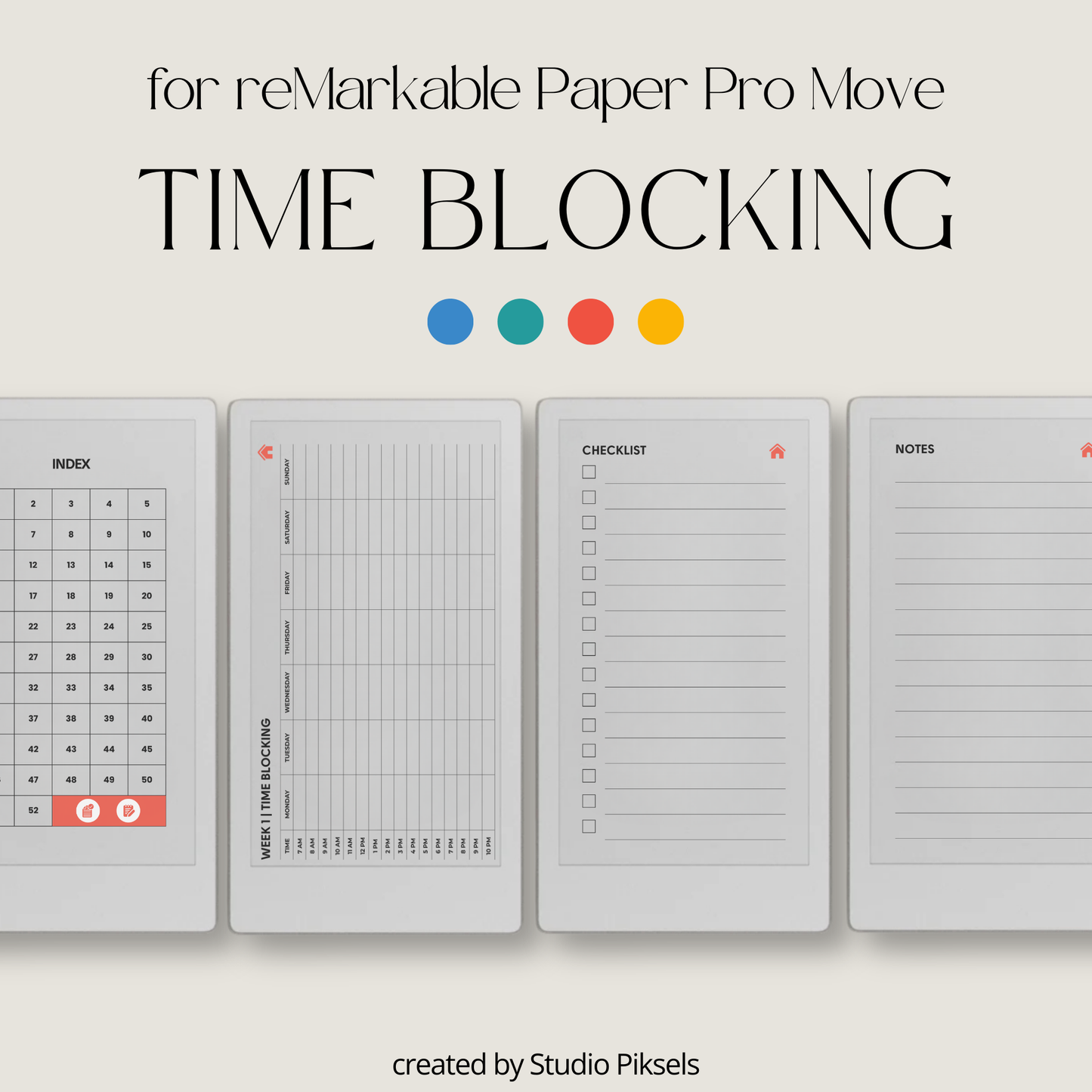 Time blocking planner landscape PDF for reMarkable Paper Pro Move with hourly weekly schedule layout.