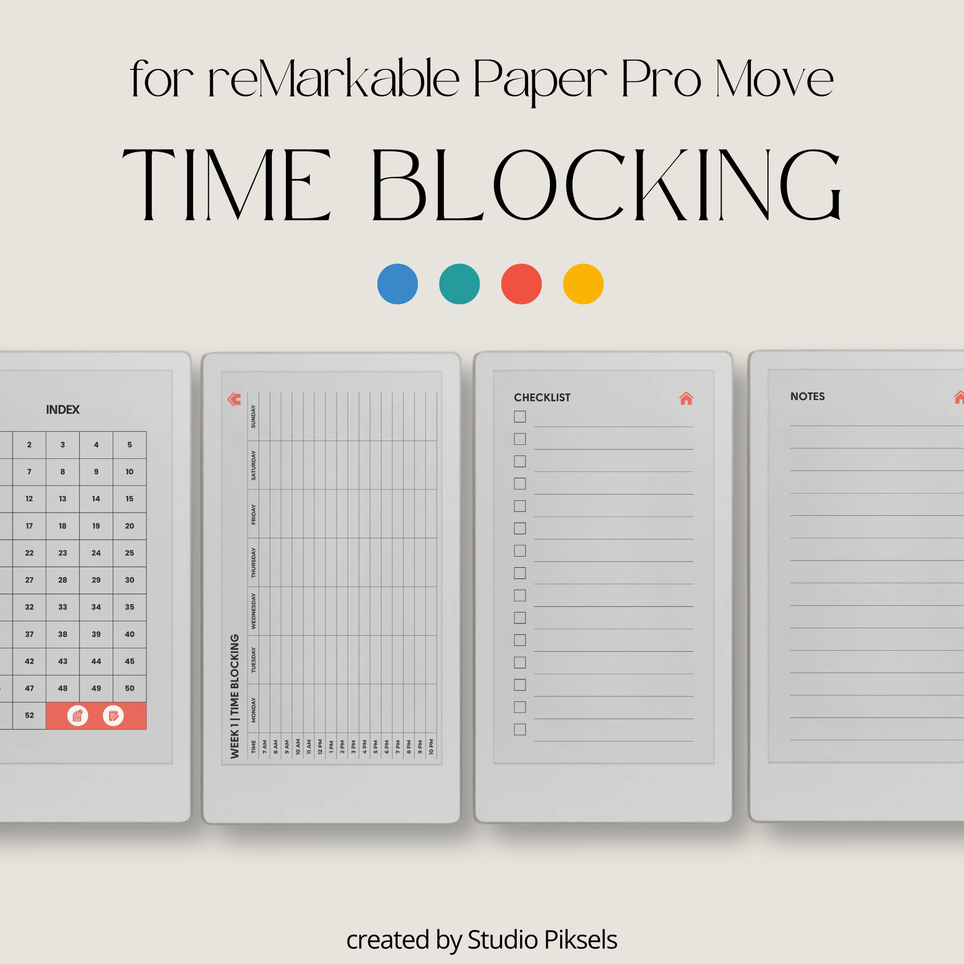 Time blocking planner landscape PDF for reMarkable Paper Pro Move with hourly weekly schedule layout.