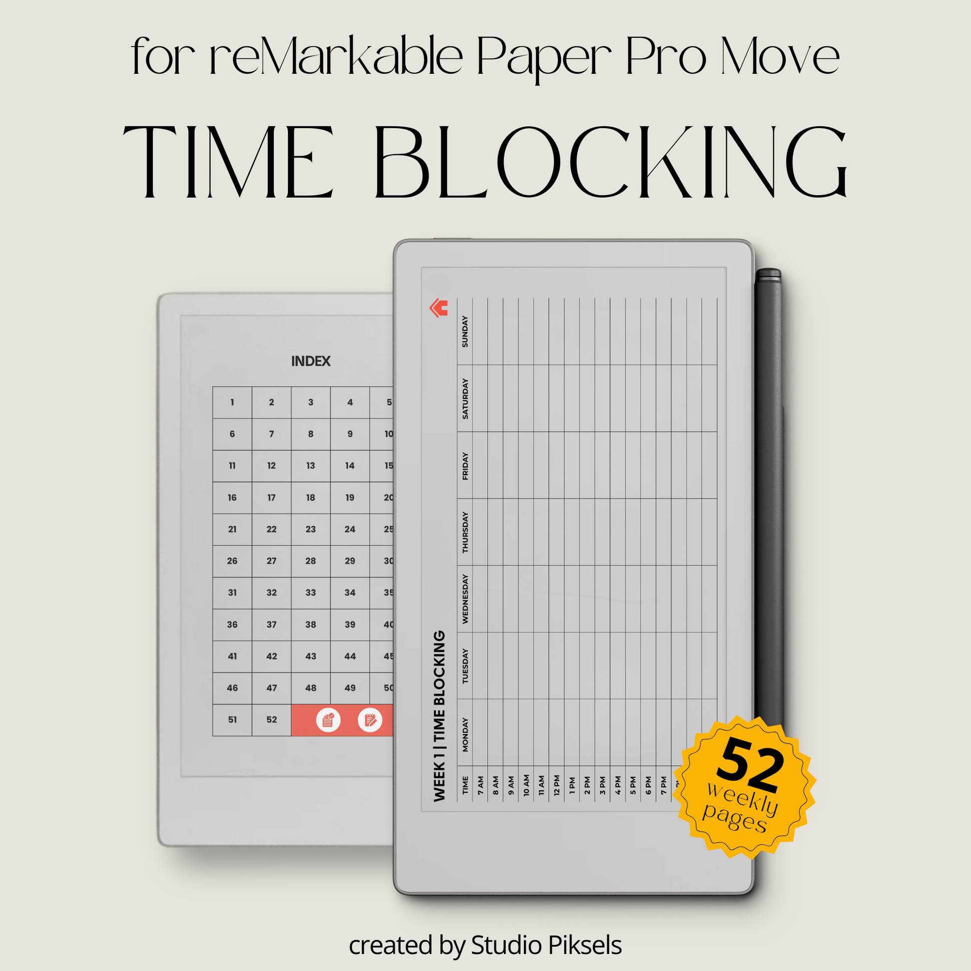 Time blocking planner landscape PDF for reMarkable Paper Pro Move with hourly weekly schedule layout.