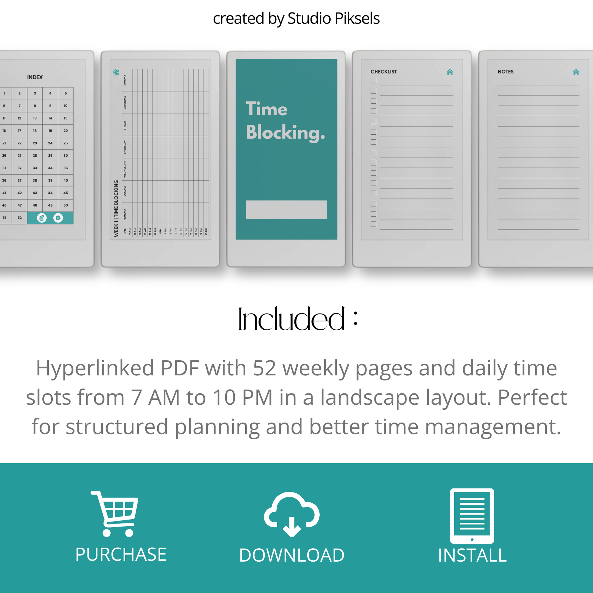 Time blocking planner landscape PDF for reMarkable Paper Pro Move with hourly weekly schedule layout.